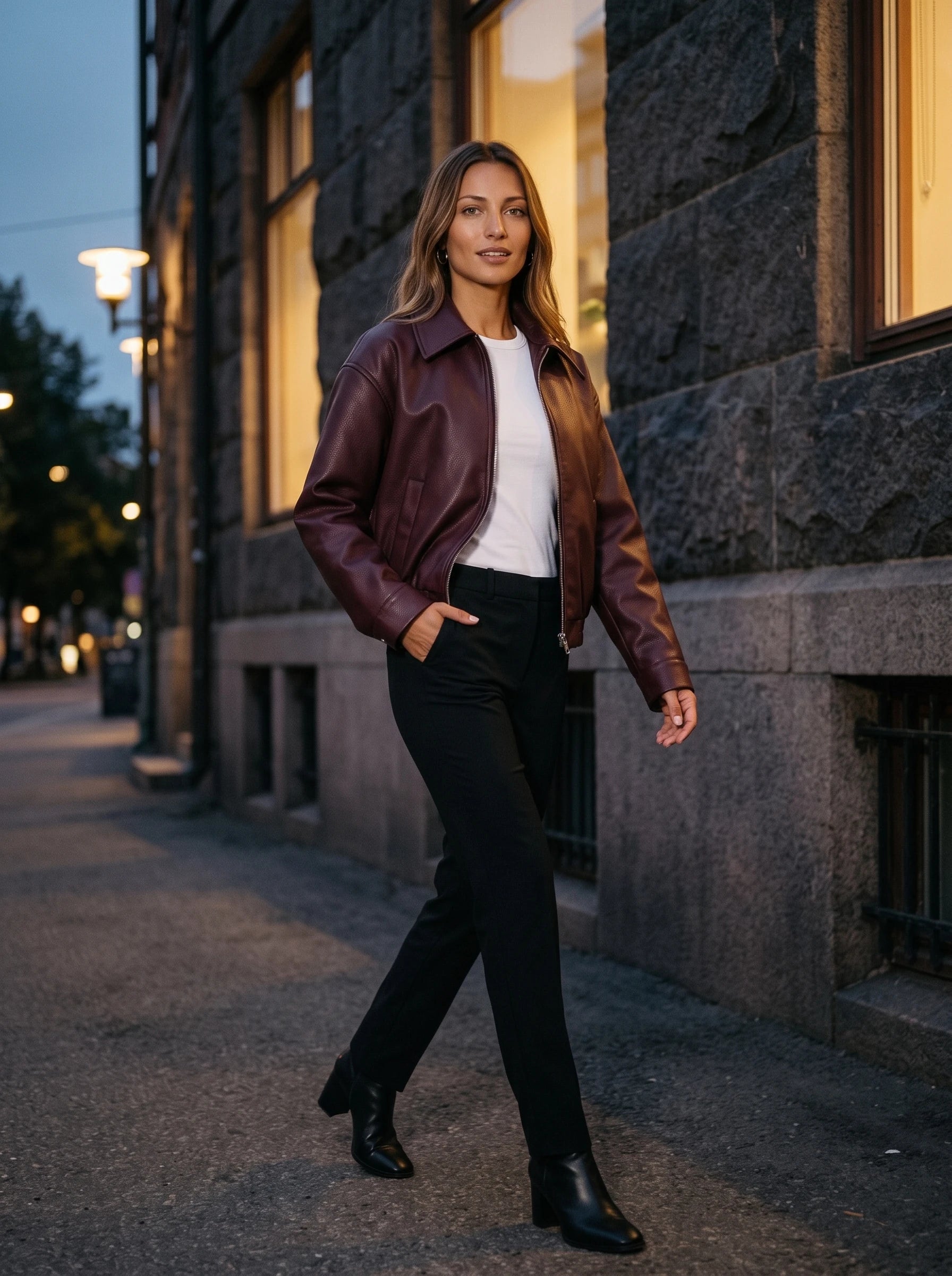 Veste effet cuir bordeaux Louane, portée en ville au crépuscule