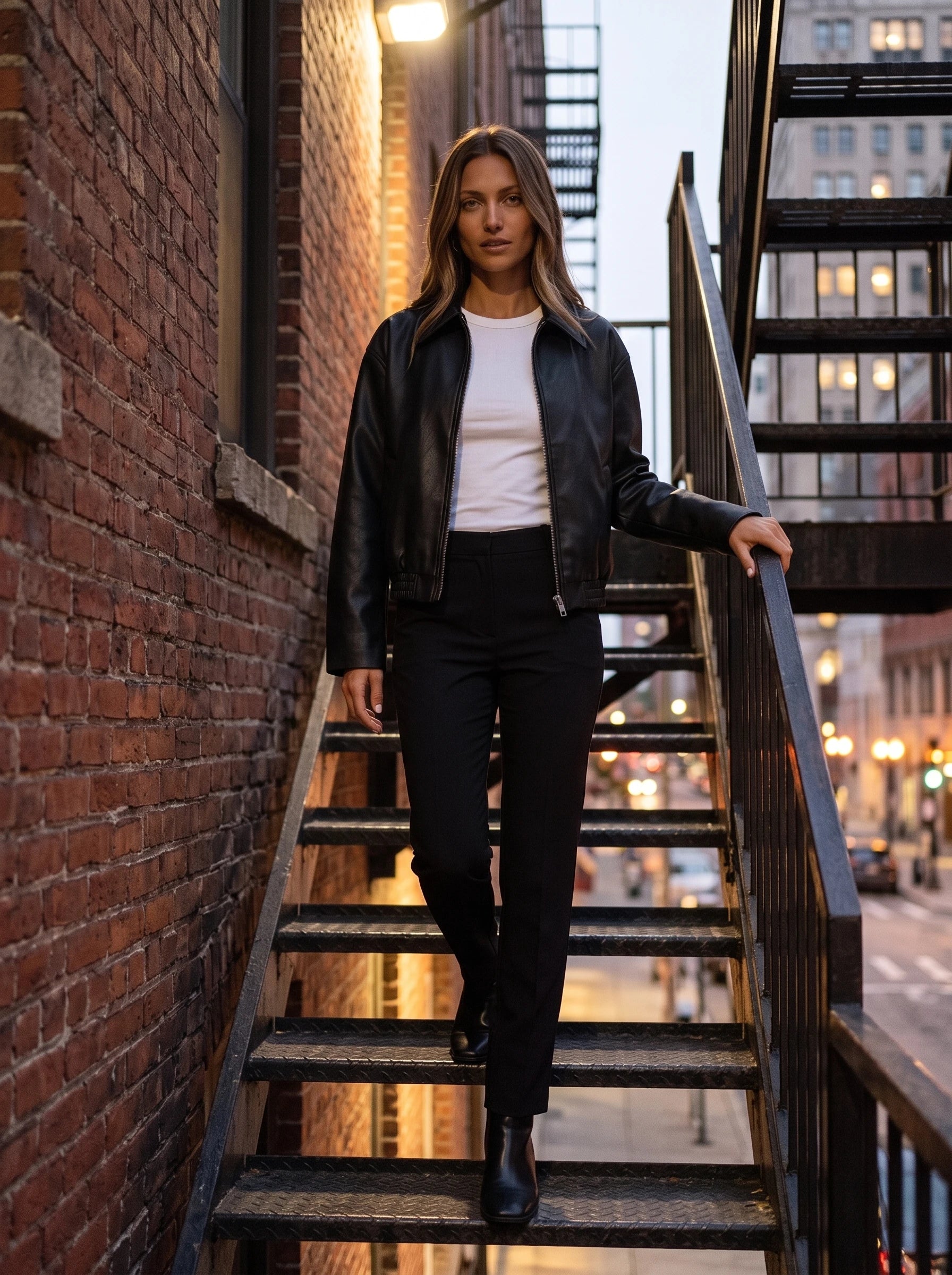 Veste effet cuir noir Louane, portée dans un escalier de brique le soir