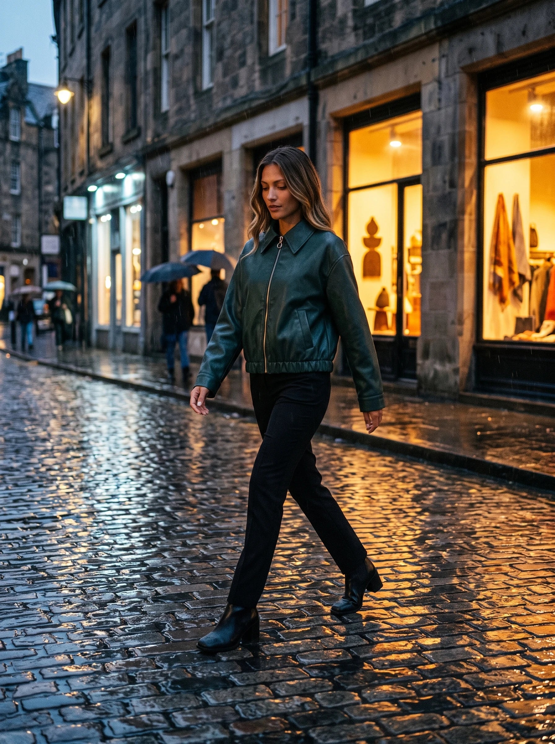 Veste effet cuir vert bouteille Louane, portée dans une rue pavée sous la pluie