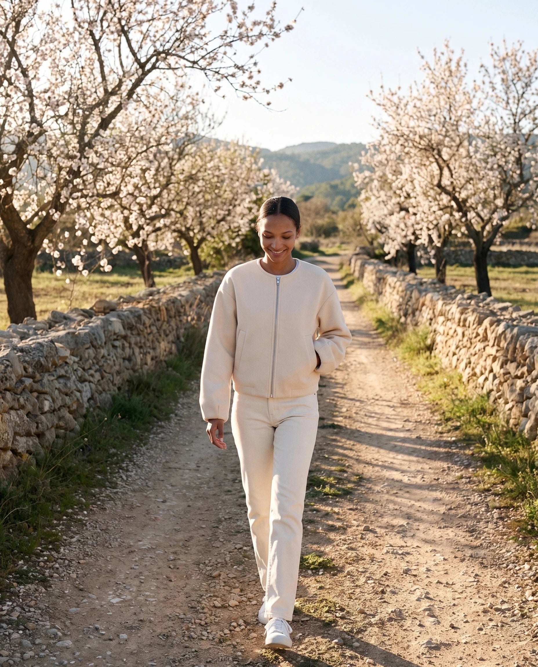 Veste zippée sans col crème Germaine, portée sur un chemin bordé d'amandiers