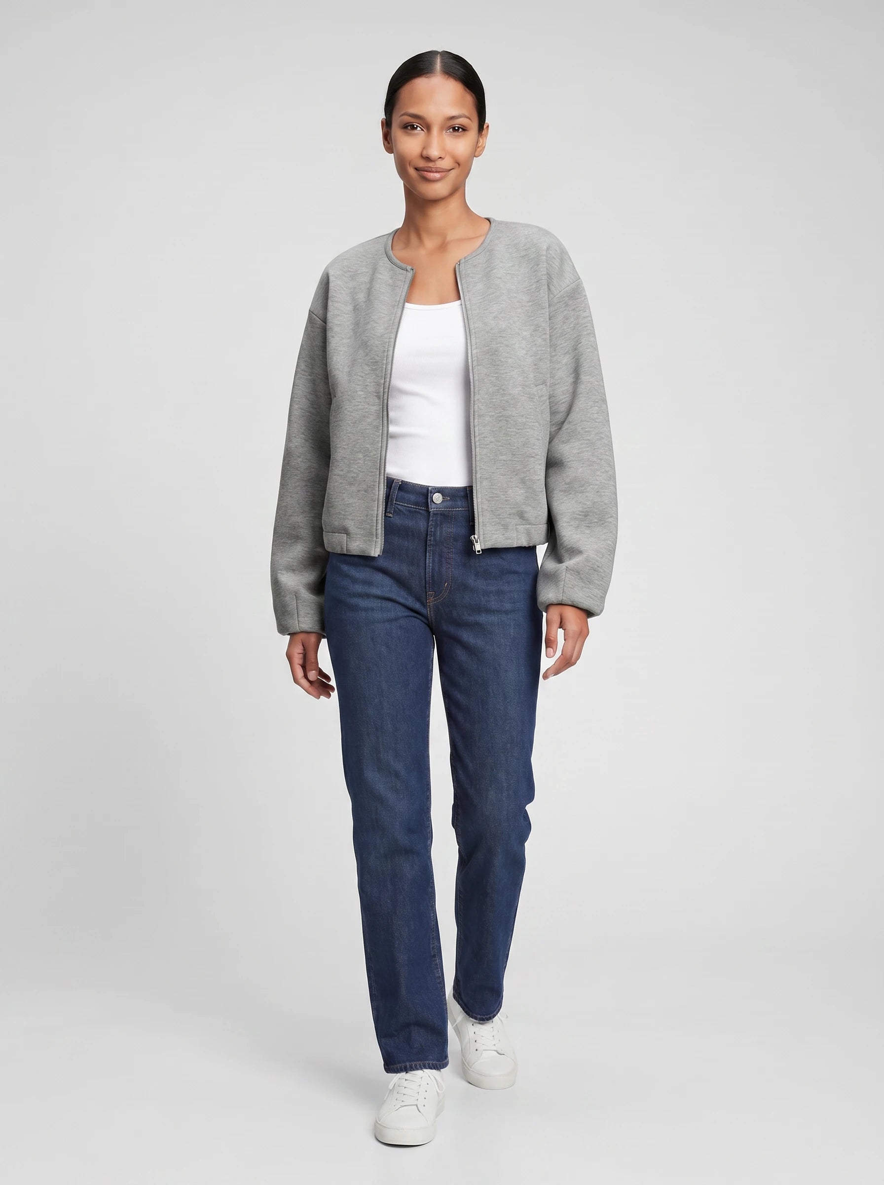 Veste zippée sans col en maille gris chiné Germaine, vue de face en studio