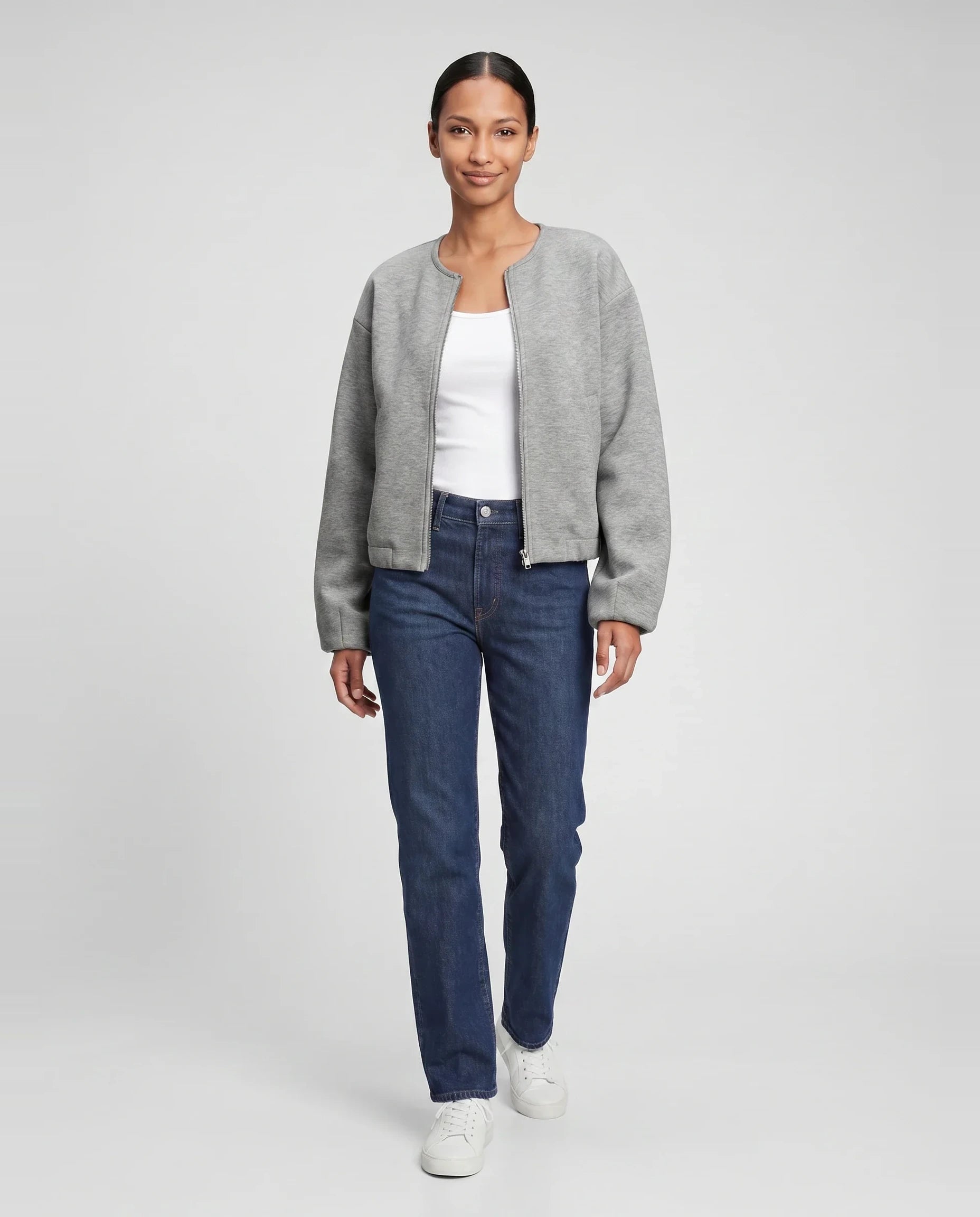 Veste zippée sans col en maille gris chiné Germaine, vue de face en studio