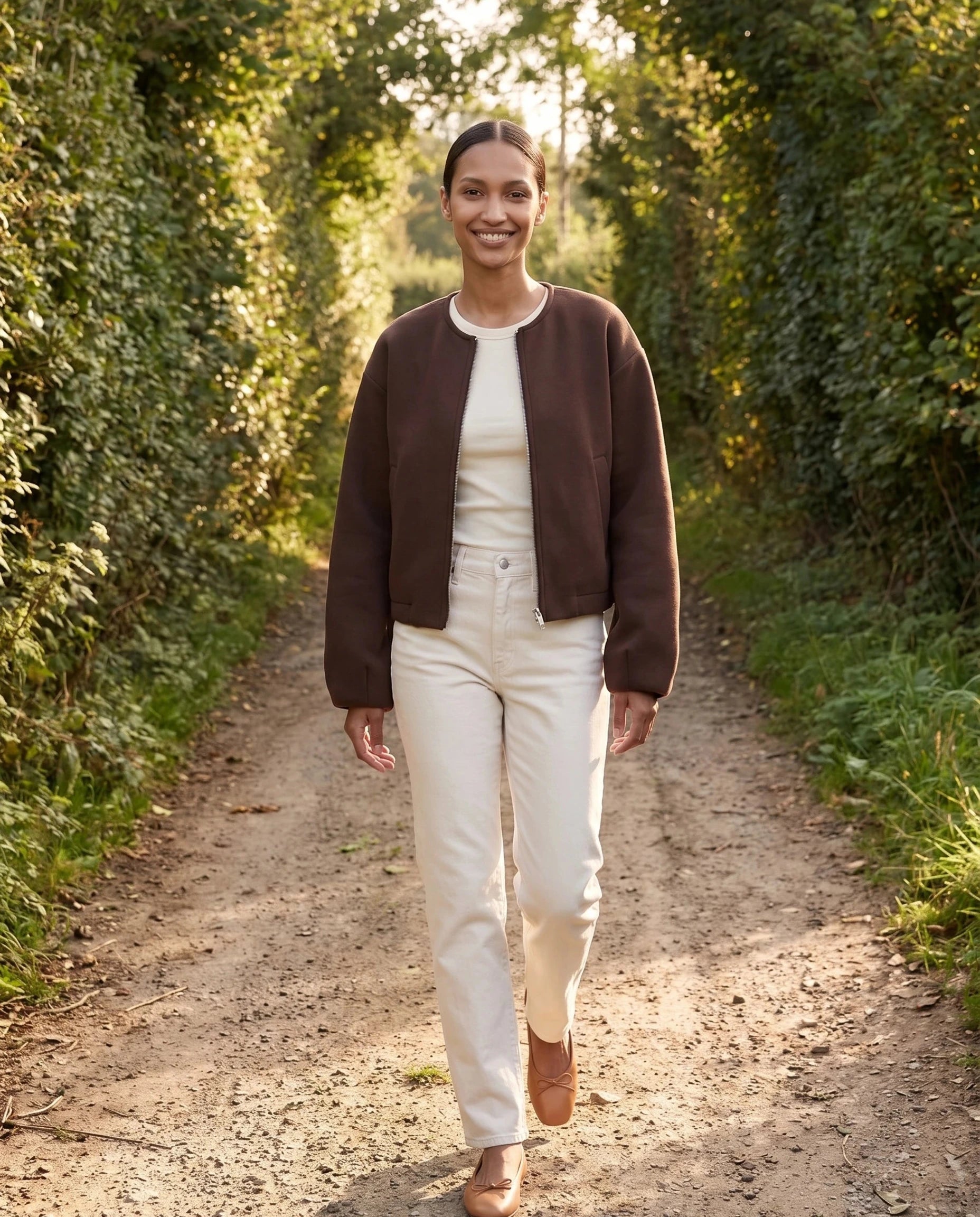 Veste zippée sans col marron Germaine, portée sur un chemin de bocage