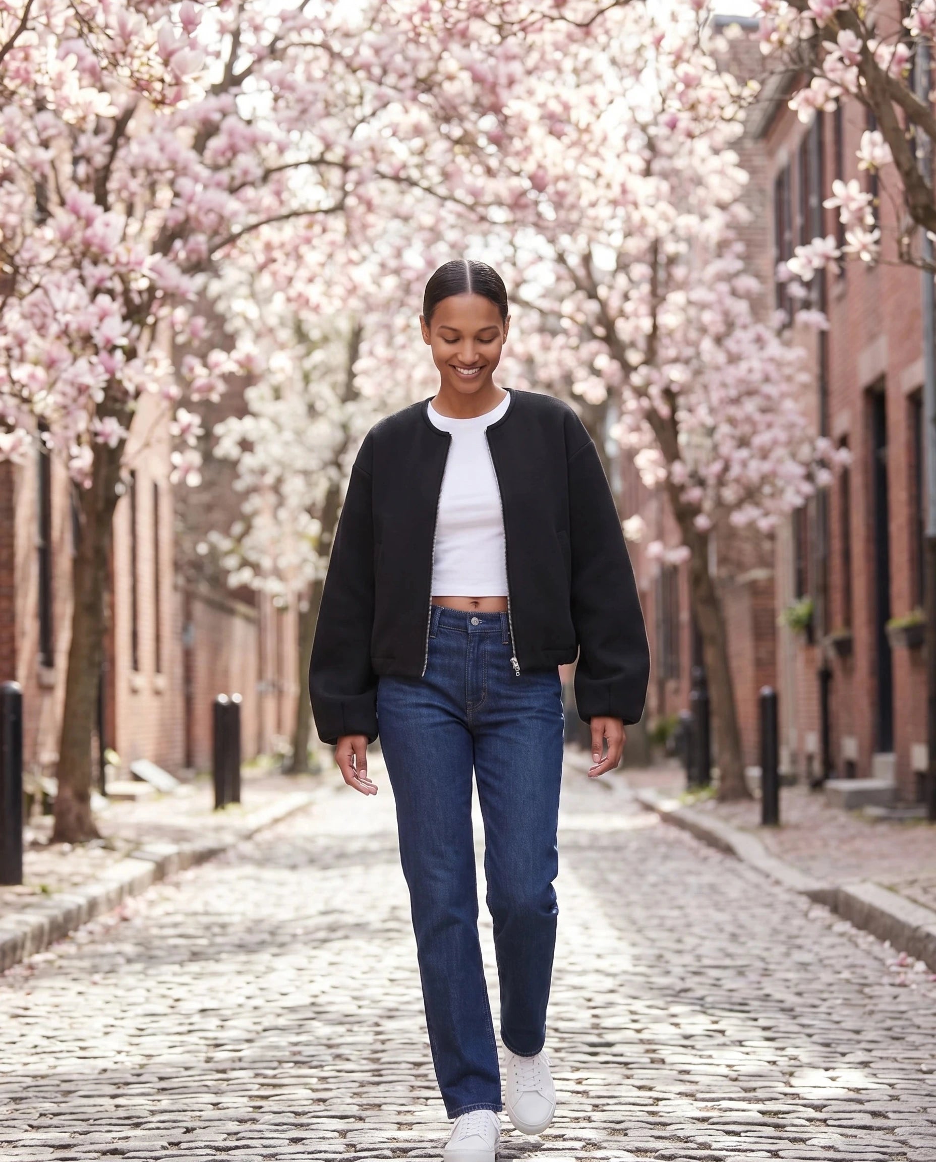 Veste zippée sans col noire Germaine, portée dans une allée de magnolias en fleurs