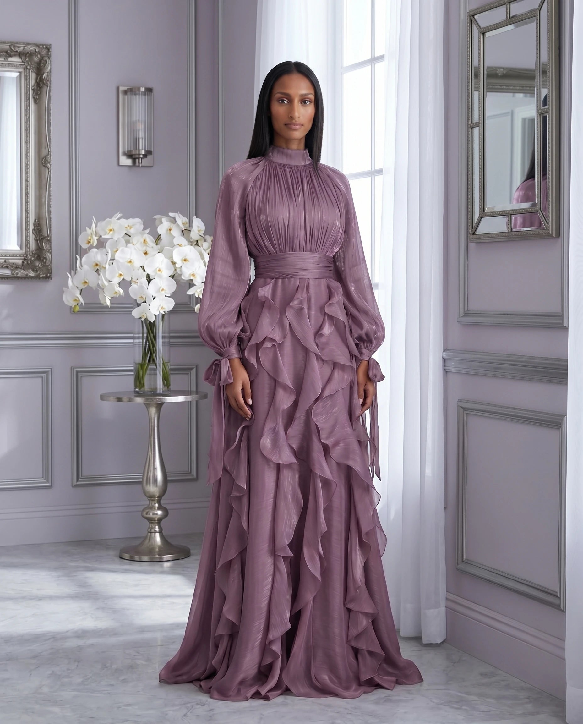 Robe de soiree longue a volants violet salon lilas orchidees