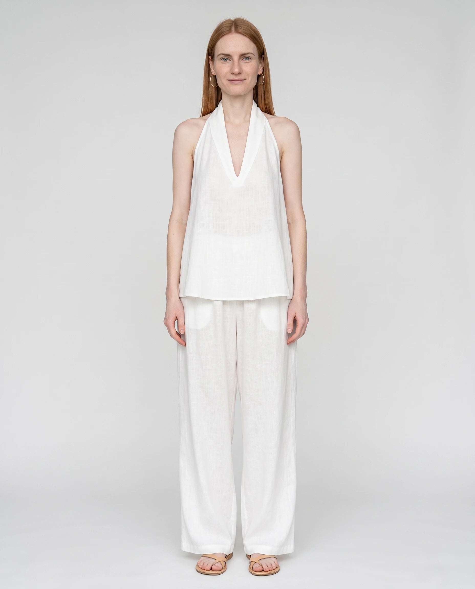 Ensemble top dos nu col V et pantalon large Ysaline — Blanc — vue face studio