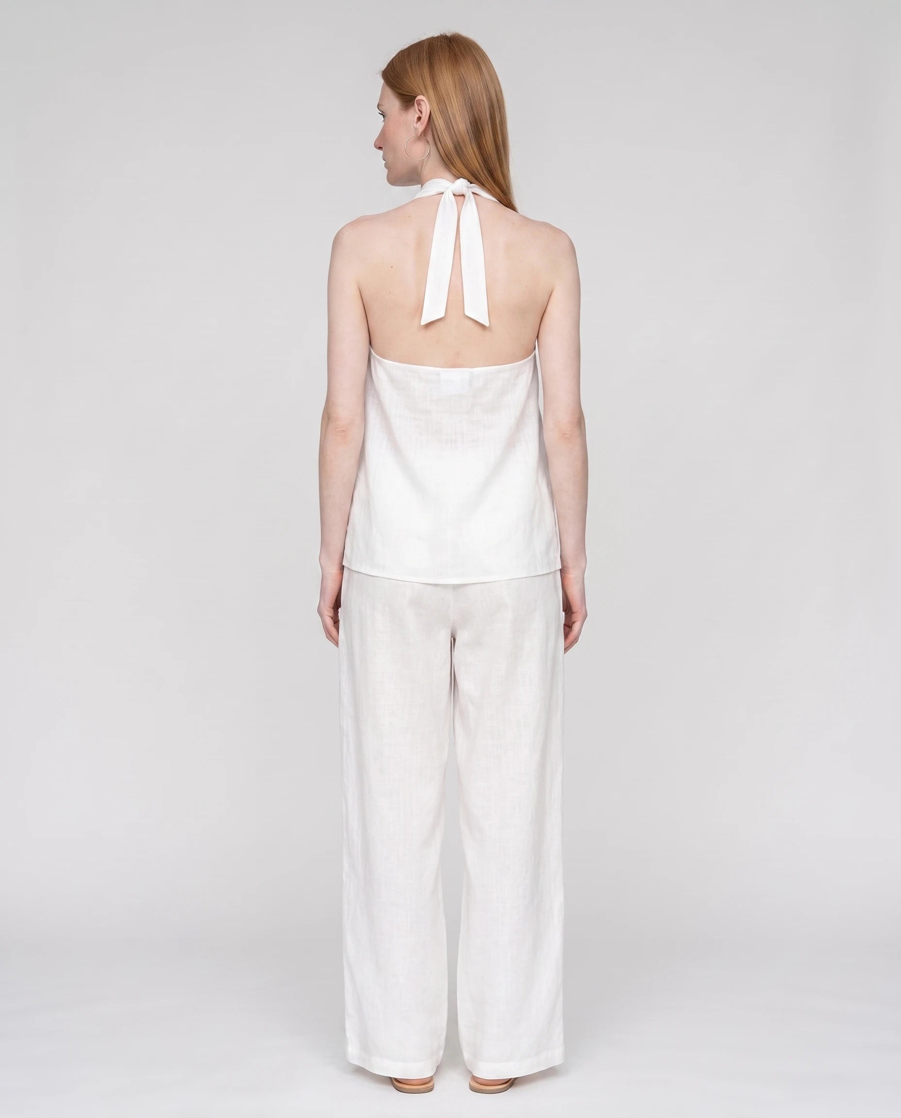 Ensemble top dos nu col V et pantalon large Ysaline — Blanc — vue dos studio