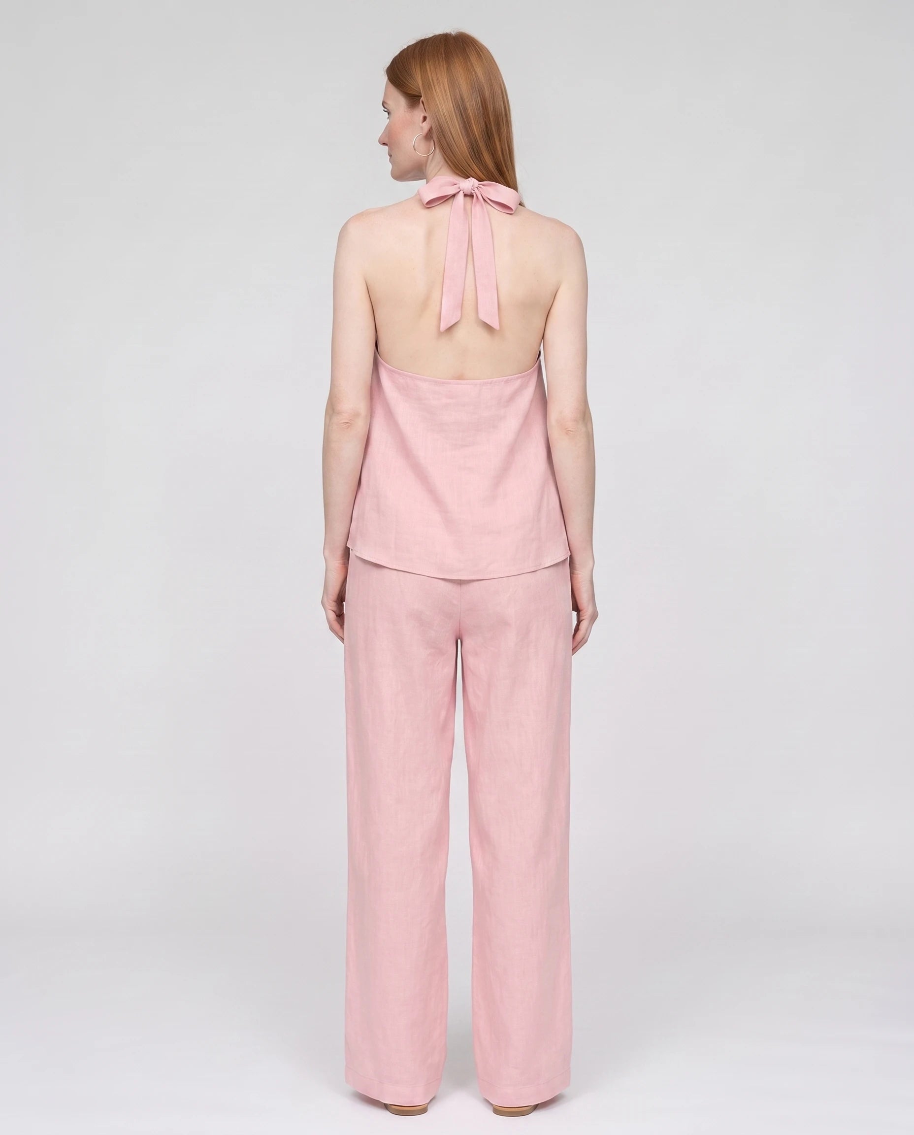 Ensemble top dos nu col V et pantalon large Ysaline — Rose Poudré — vue dos studio