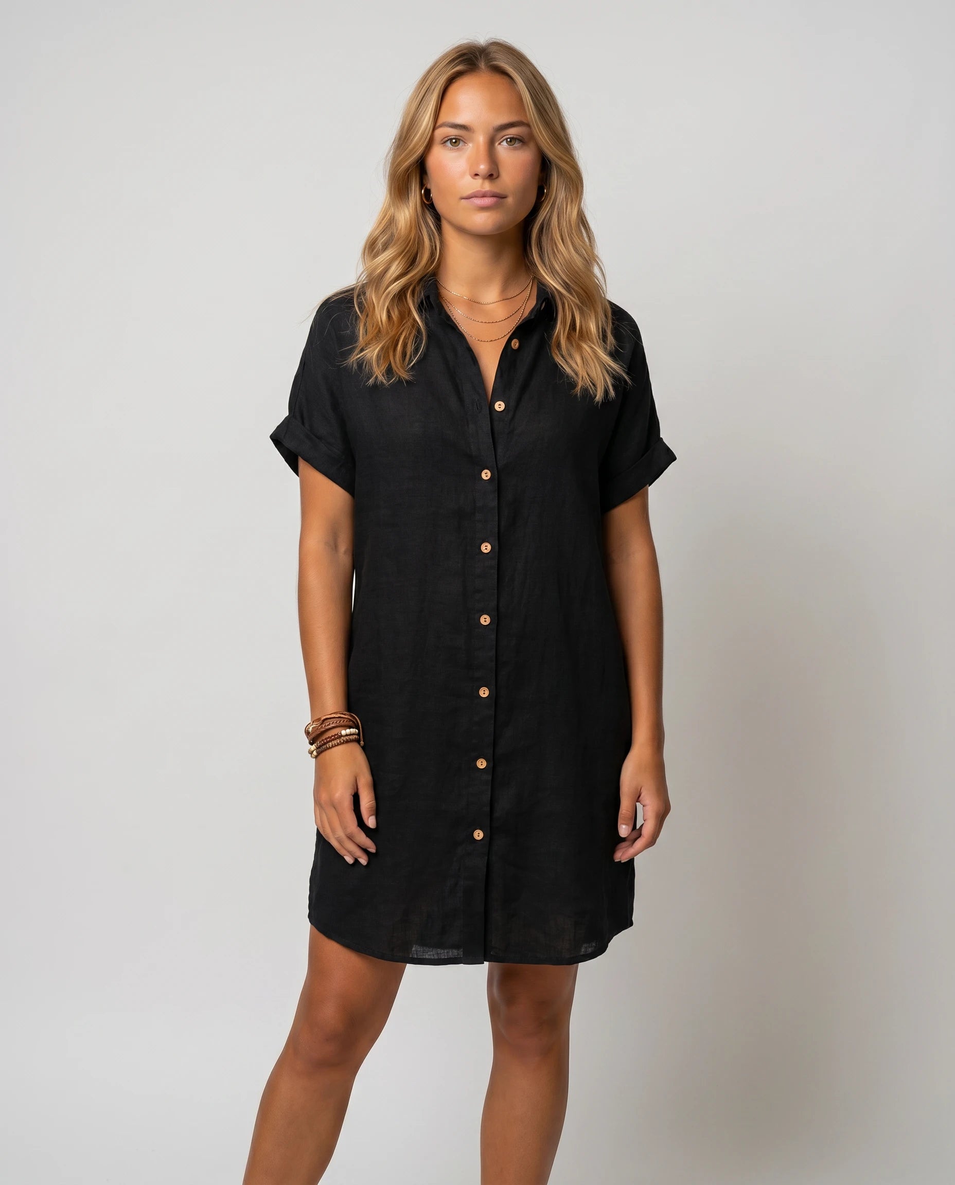 Robe chemise en lin noire manches courtes Zolena