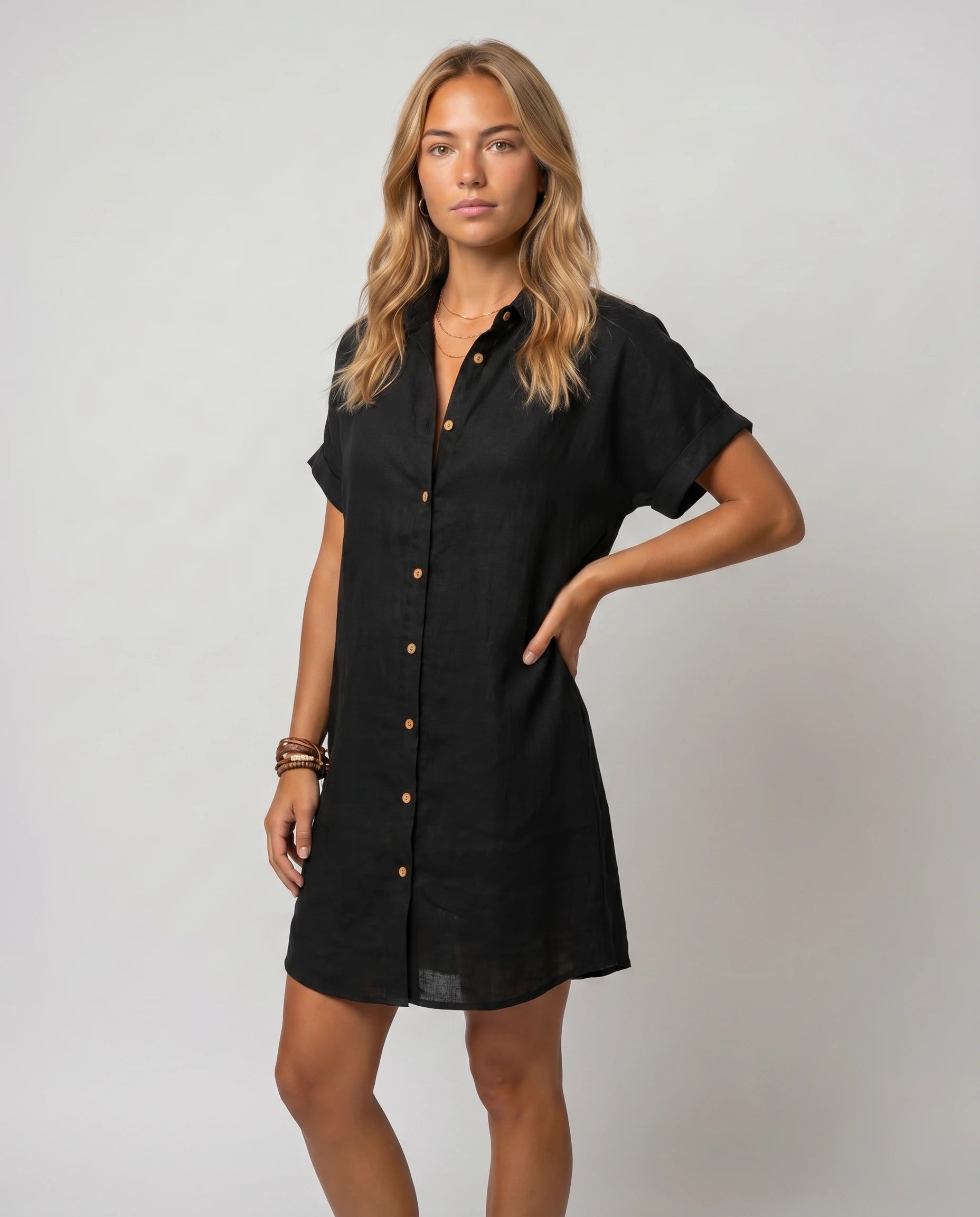 Robe chemise lin noire vue 3/4