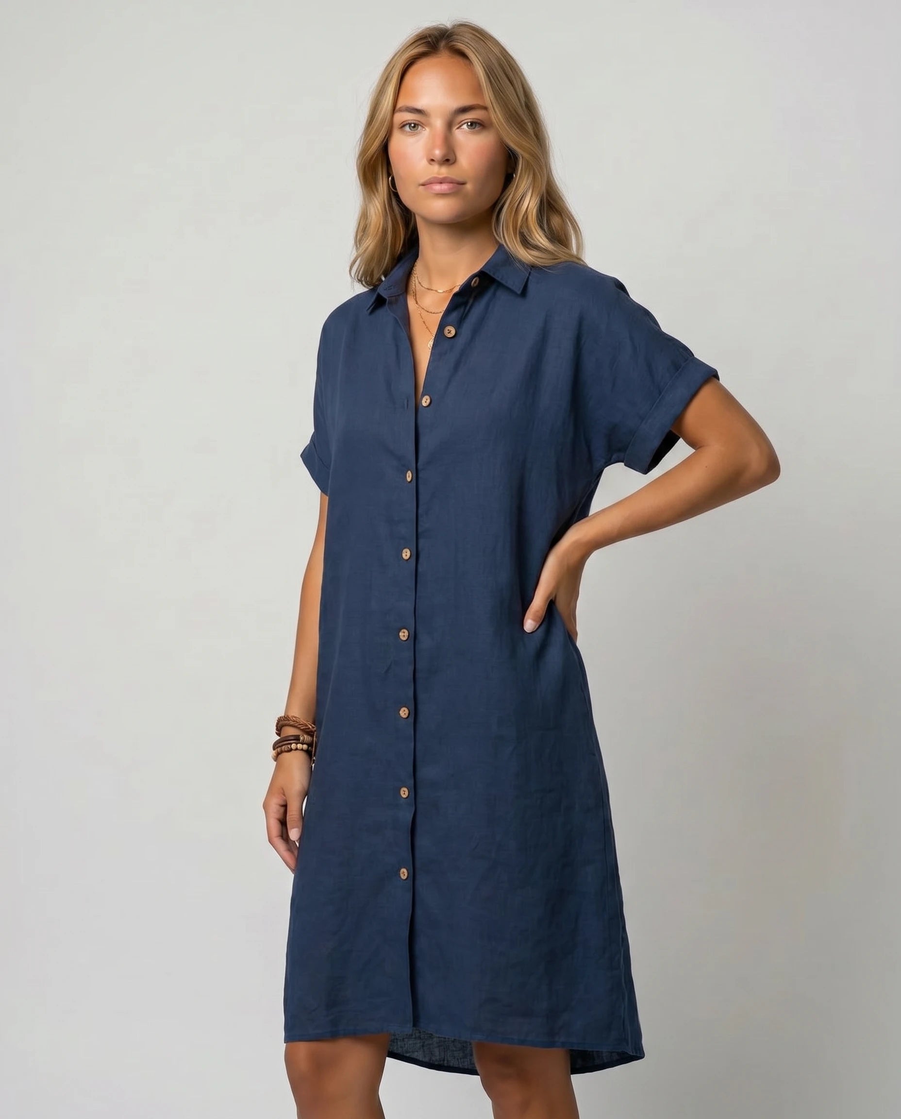 Robe chemise lin marine vue 3/4
