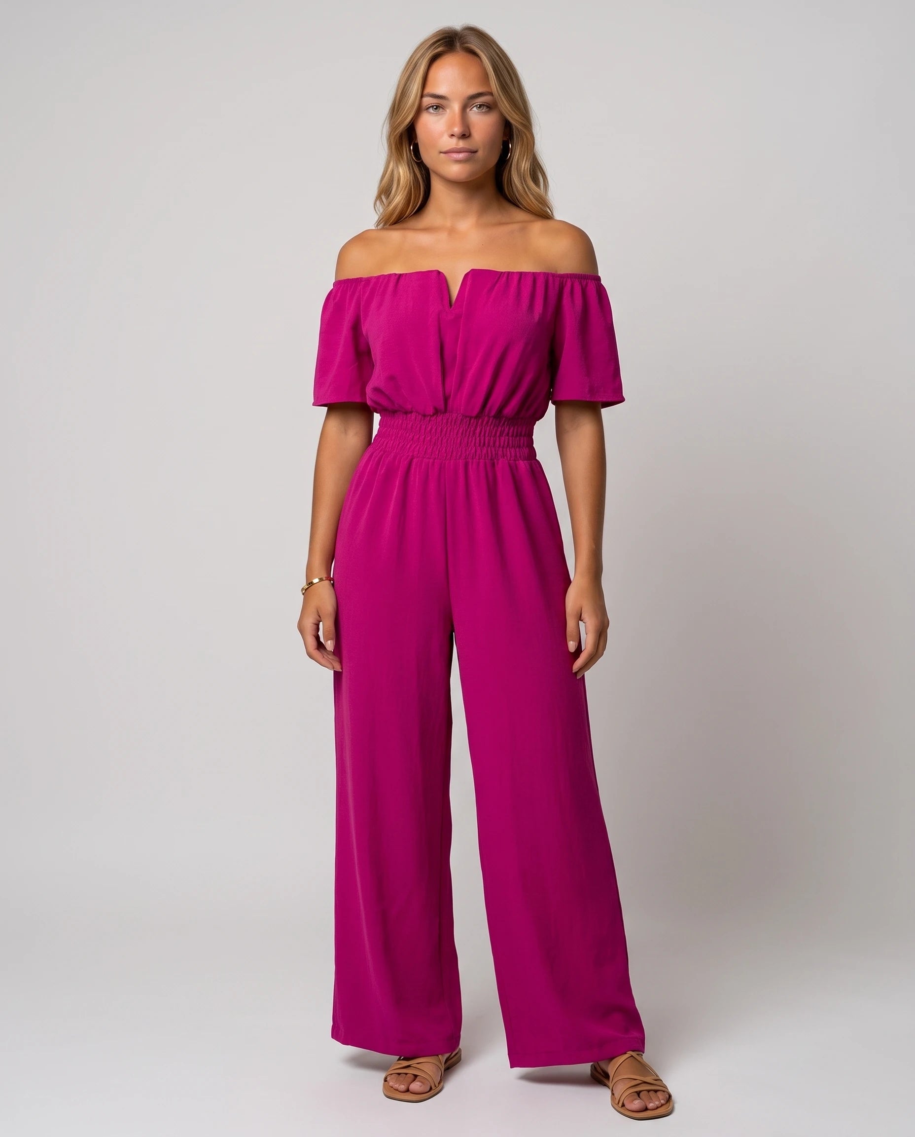 Combinaison bardot Pivoine Fuchsia, vue de face studio