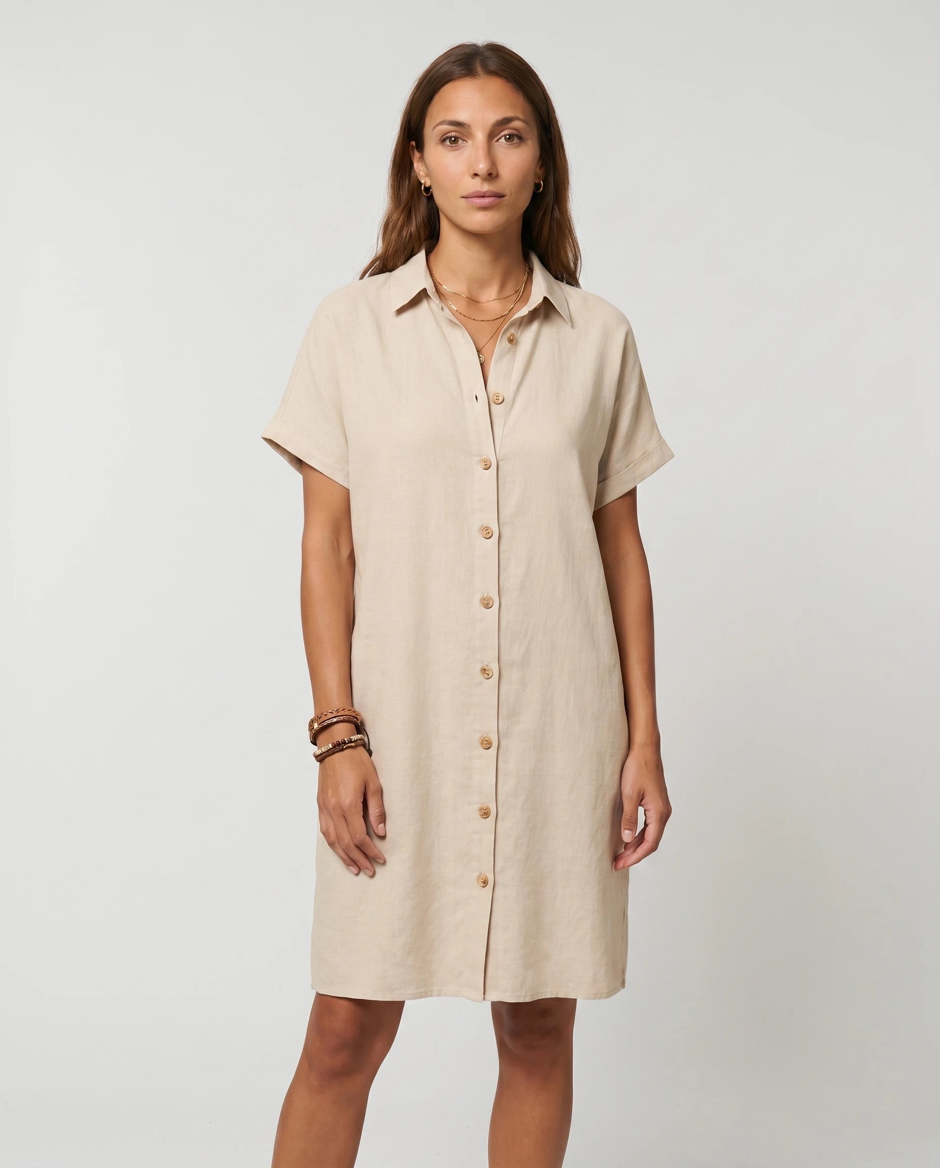 Robe chemise en lin beige Zolena coupe ample