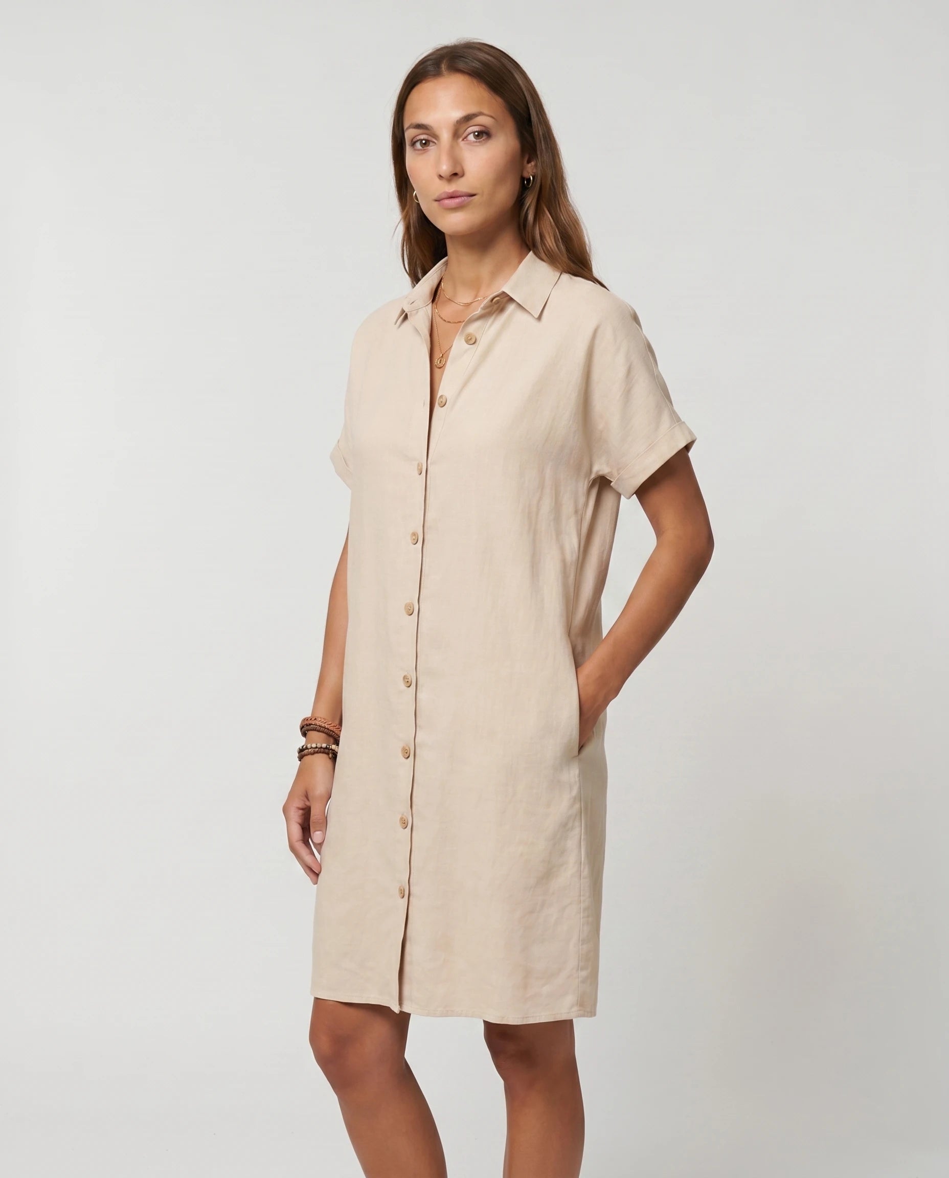 Robe chemise lin beige vue 3/4