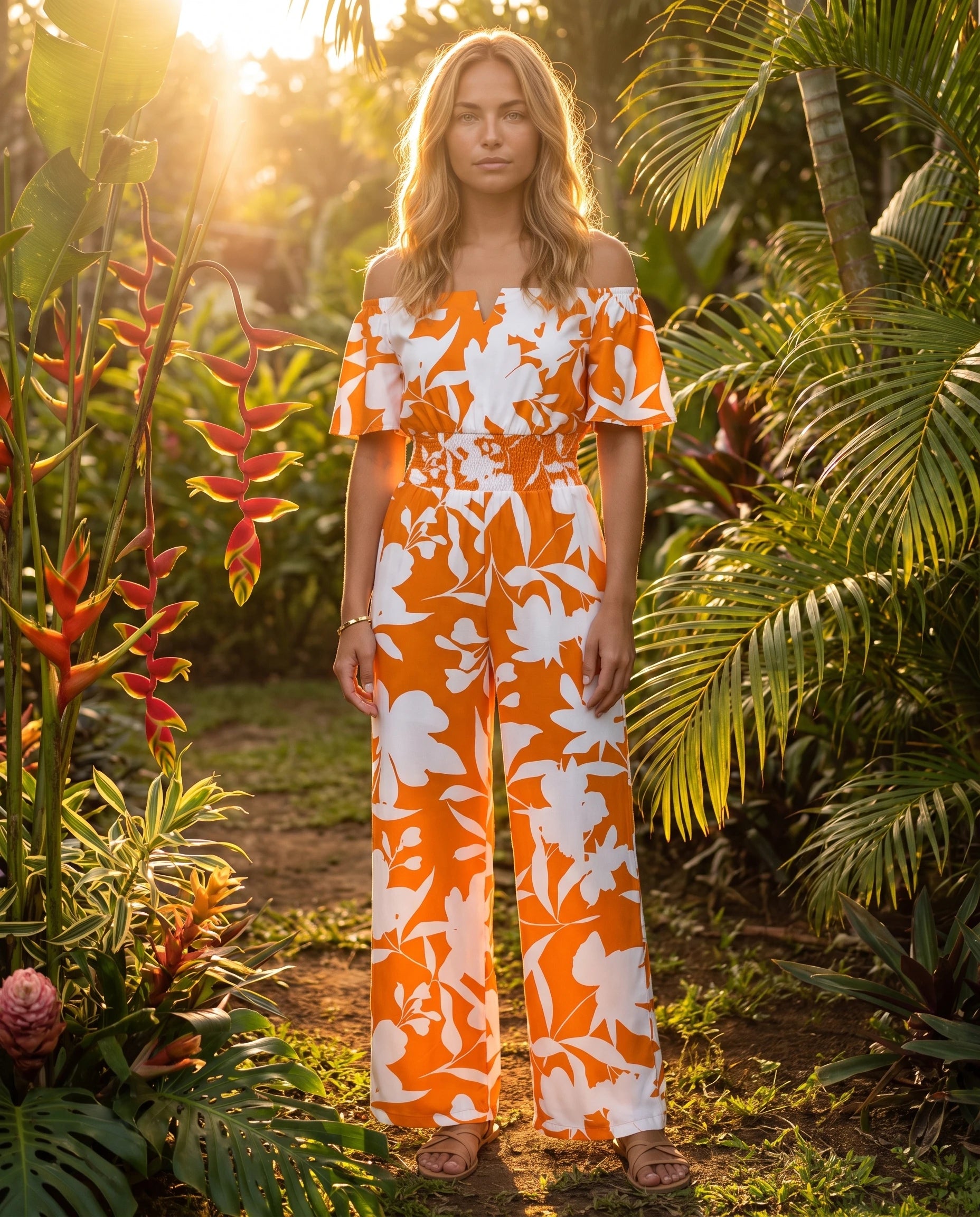 Combinaison bardot Pivoine Orange fleuri, portee en situation