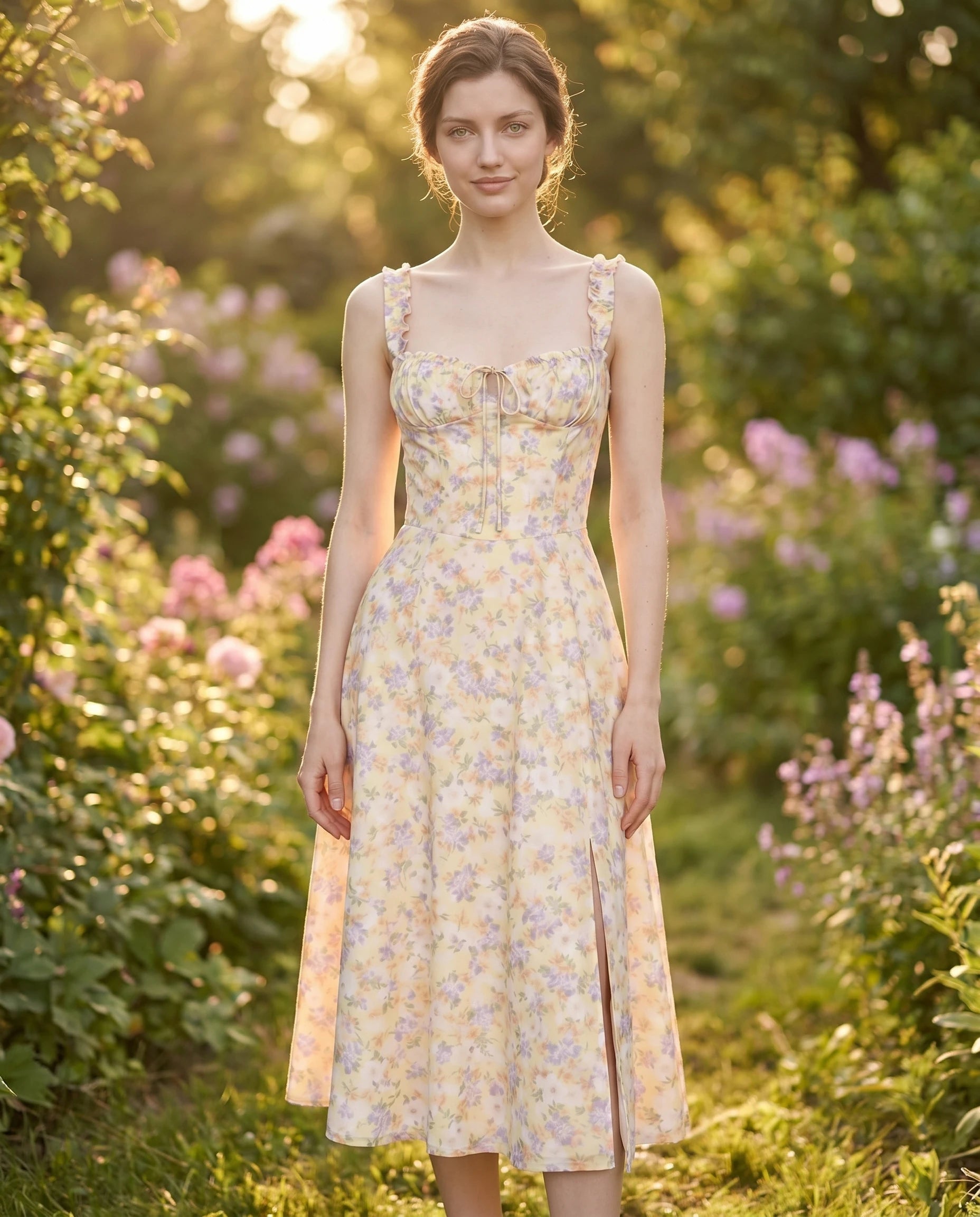 Robe midi fleurie Rosalie coloris Prairie portée dans un jardin — Zolena