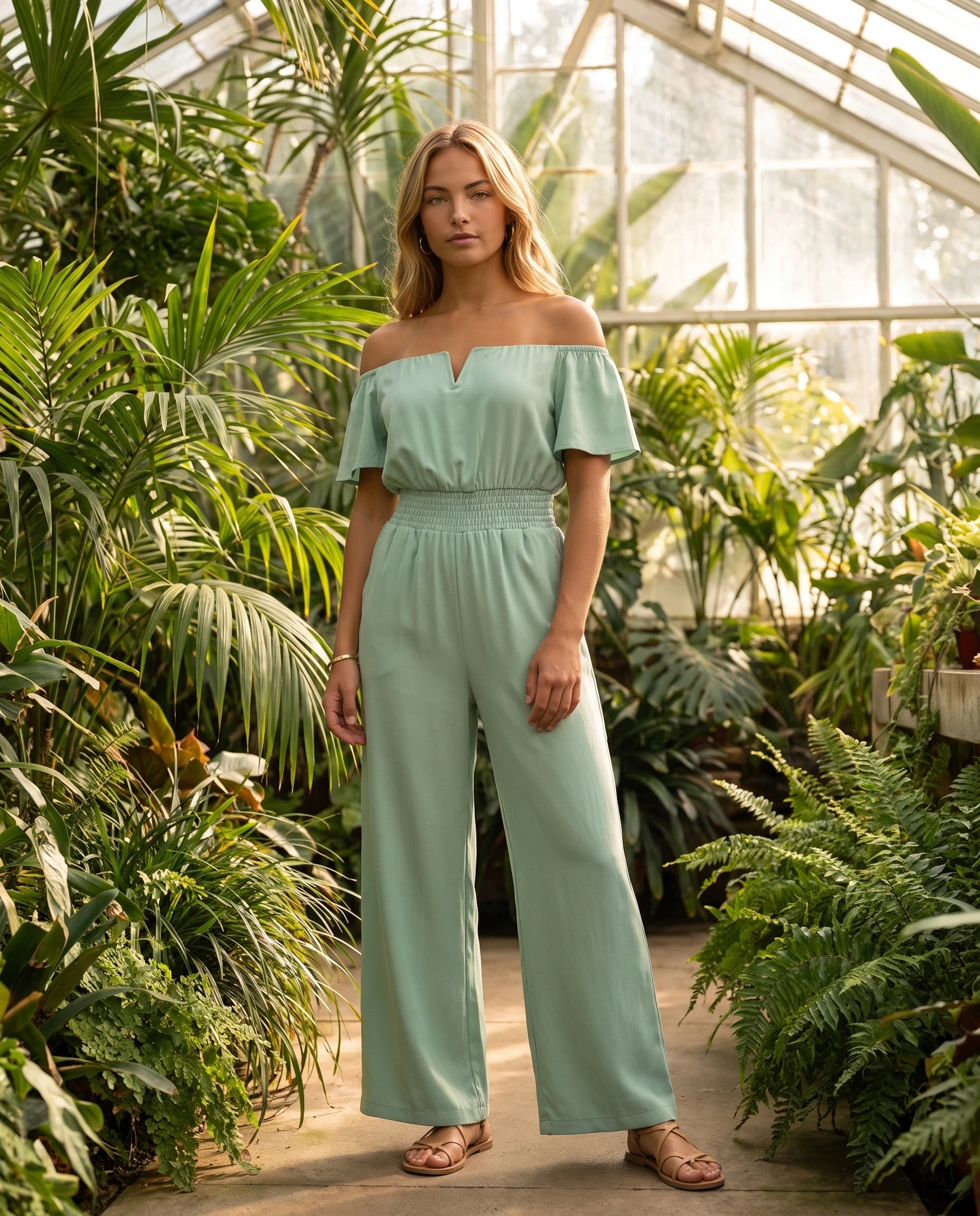 Combinaison bardot Pivoine Vert Menthe, portee en situation