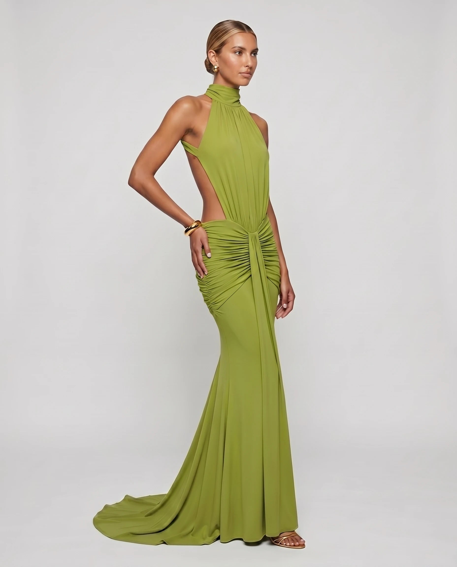 Robe longue sirène en jersey — trois quarts
