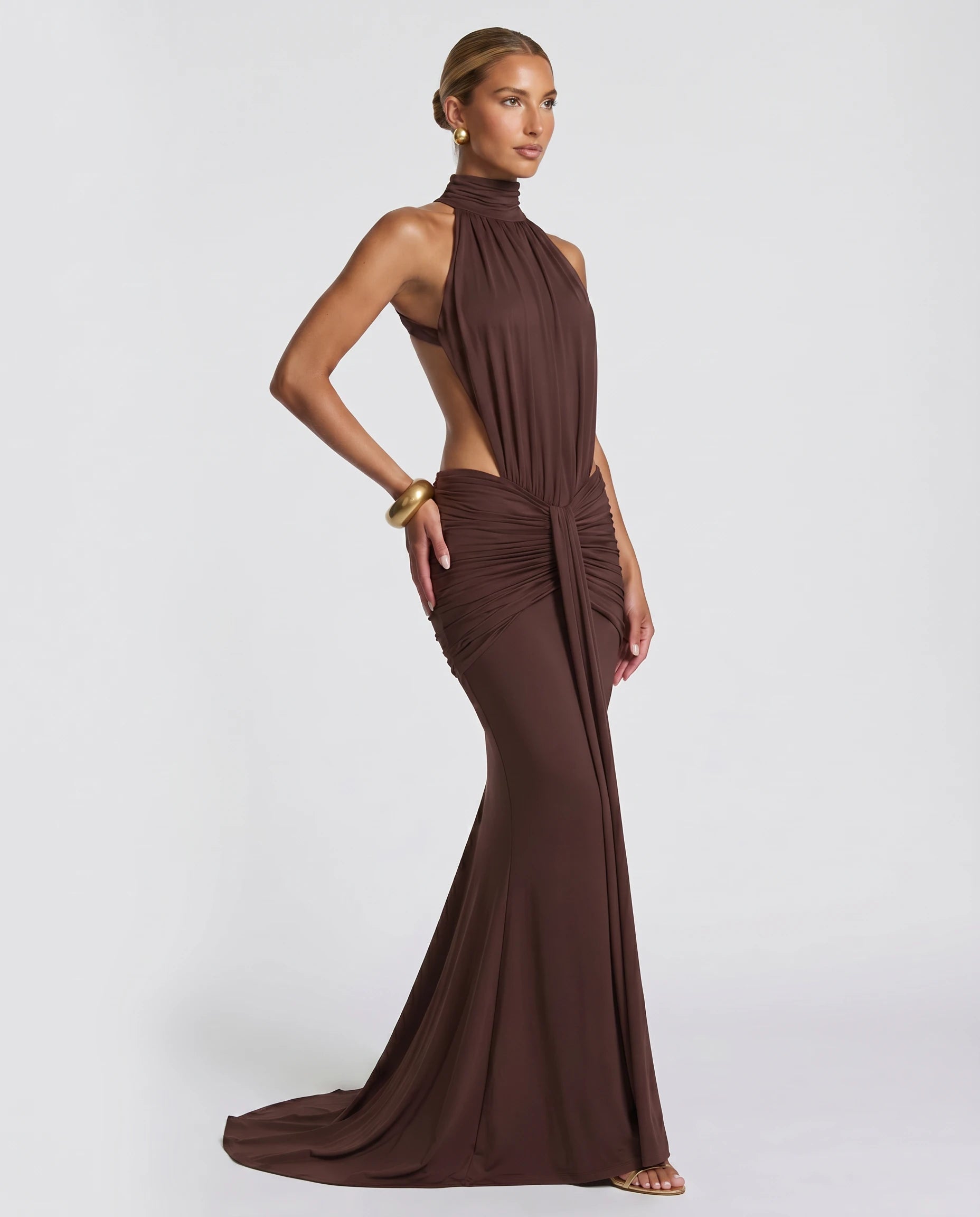 Robe longue sirène en jersey — trois quarts