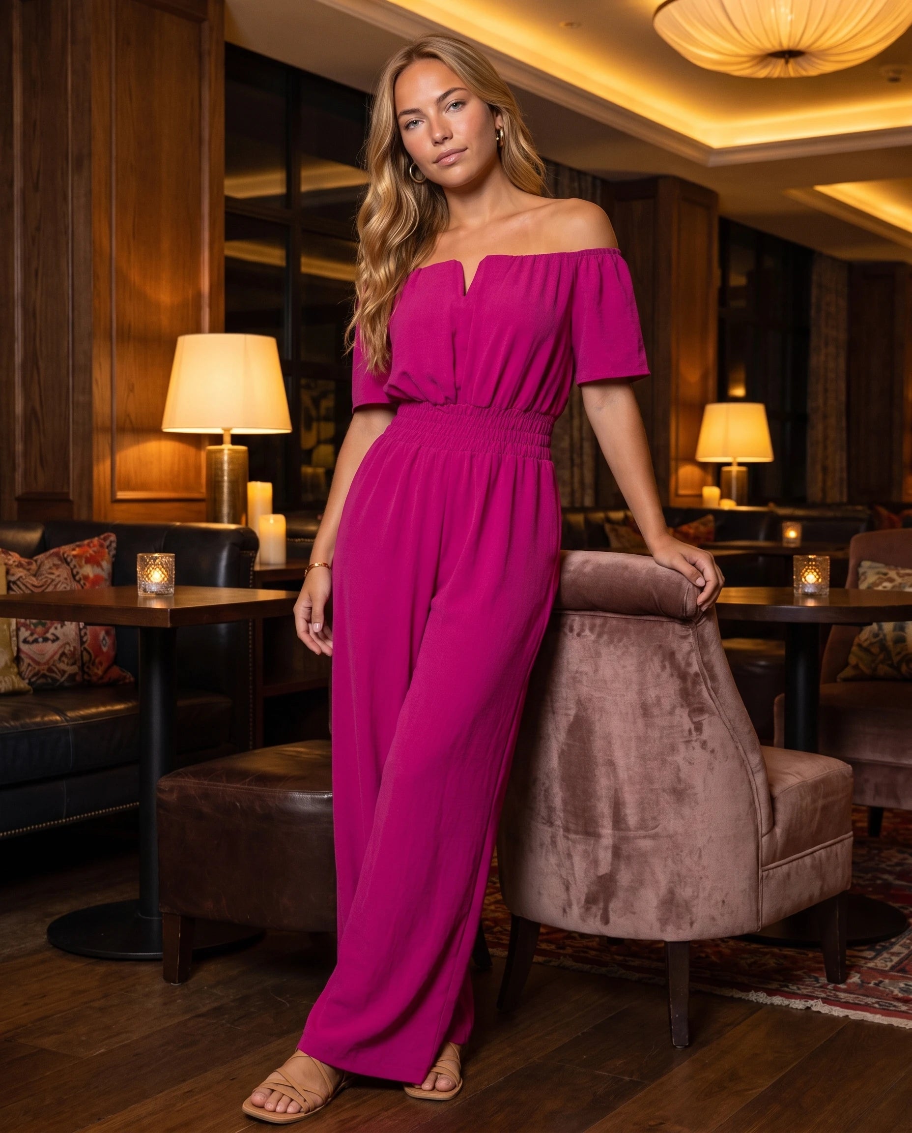 Combinaison bardot Pivoine Fuchsia, portee en situation