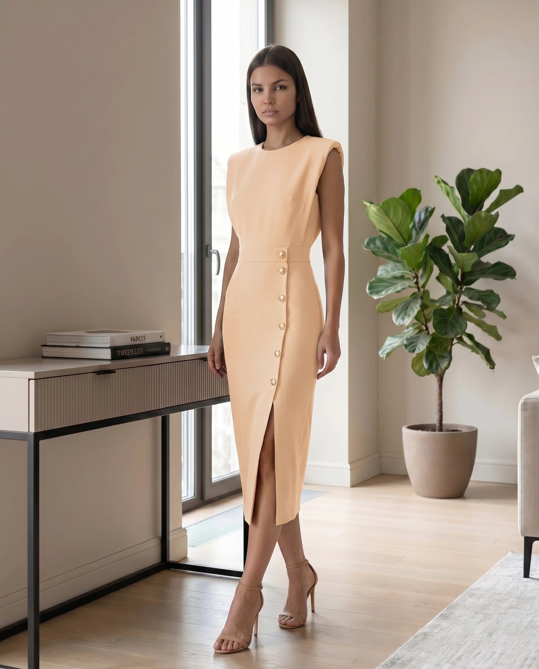 Robe midi moulante fendue Abricot Philippine