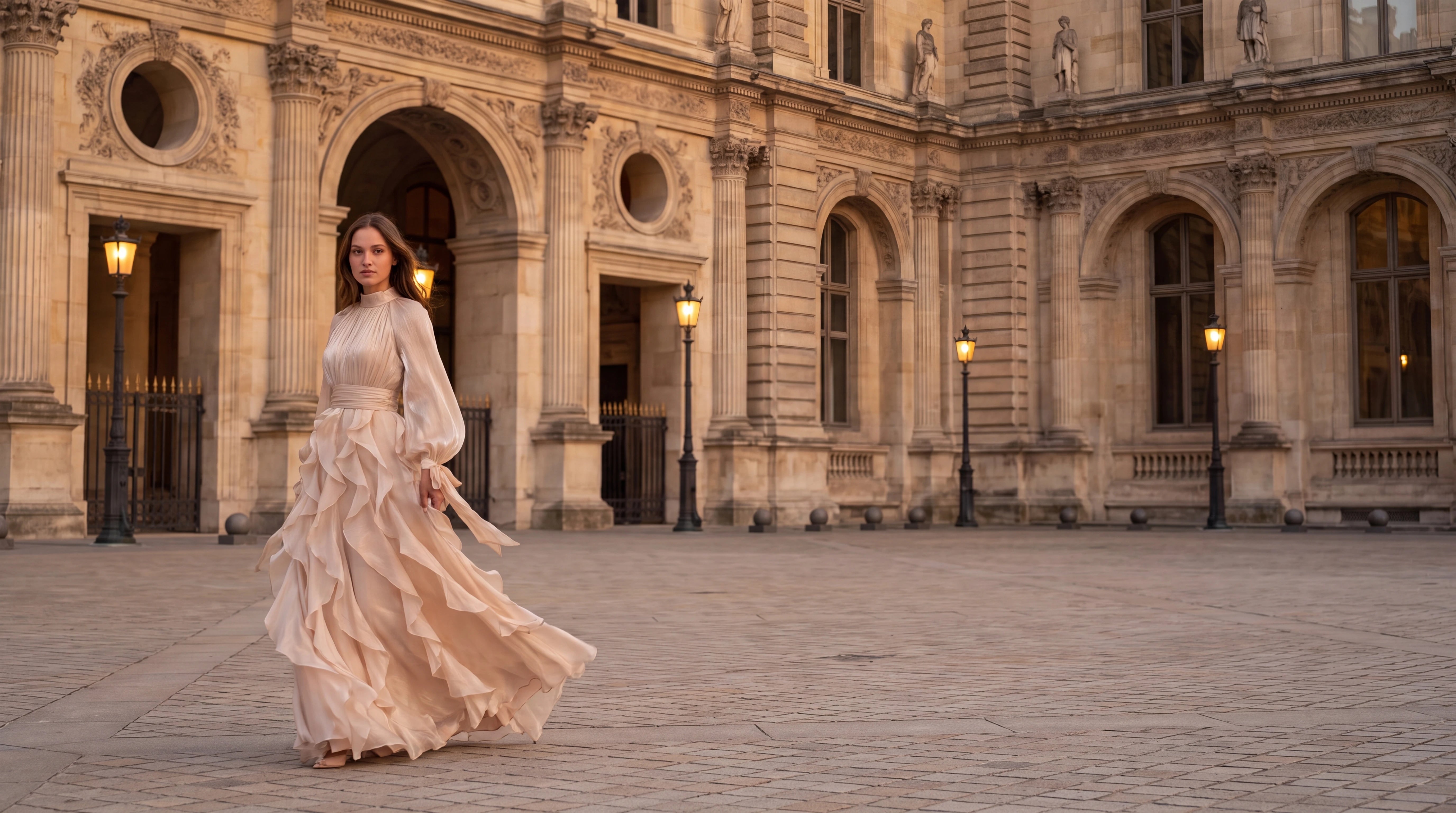 Robe de soirée longue à volants Séraphine Zolena dans une cour parisienne au crépuscule