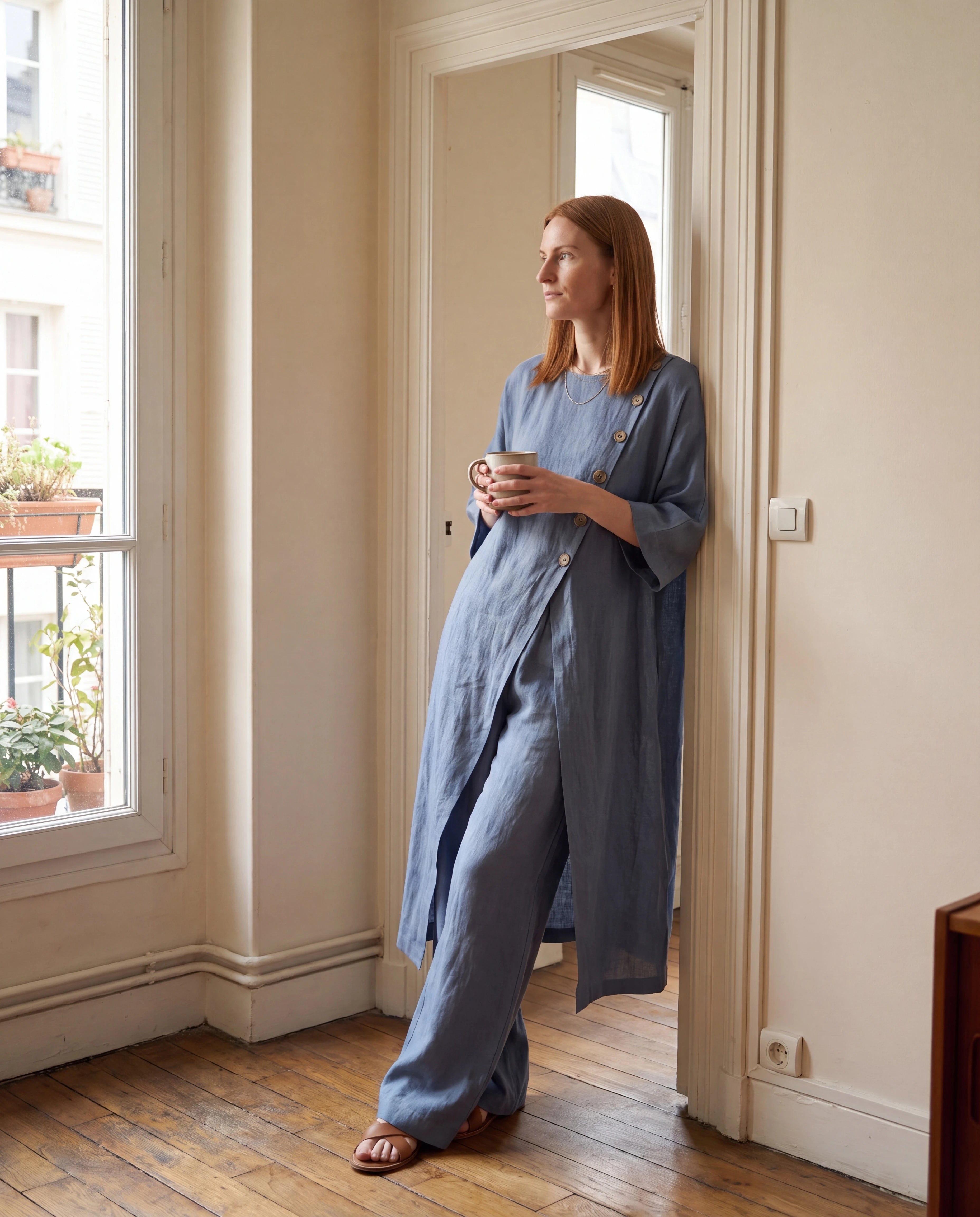 Ensemble en lin bleu Zolena dans un intérieur parisien au matin