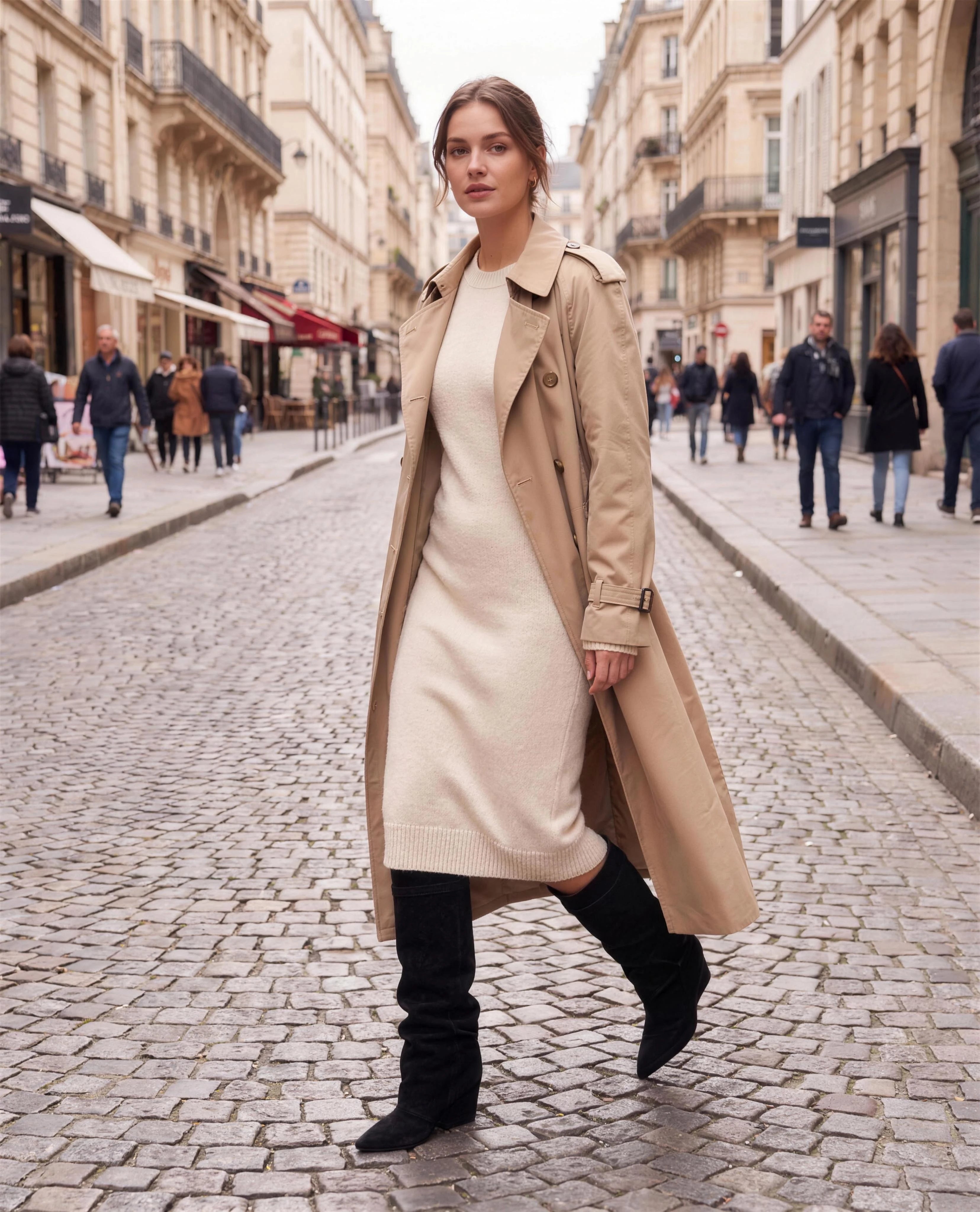 Bottes femme Zolena — bottes hautes slouchy en suédine noire dans une rue haussmannienne