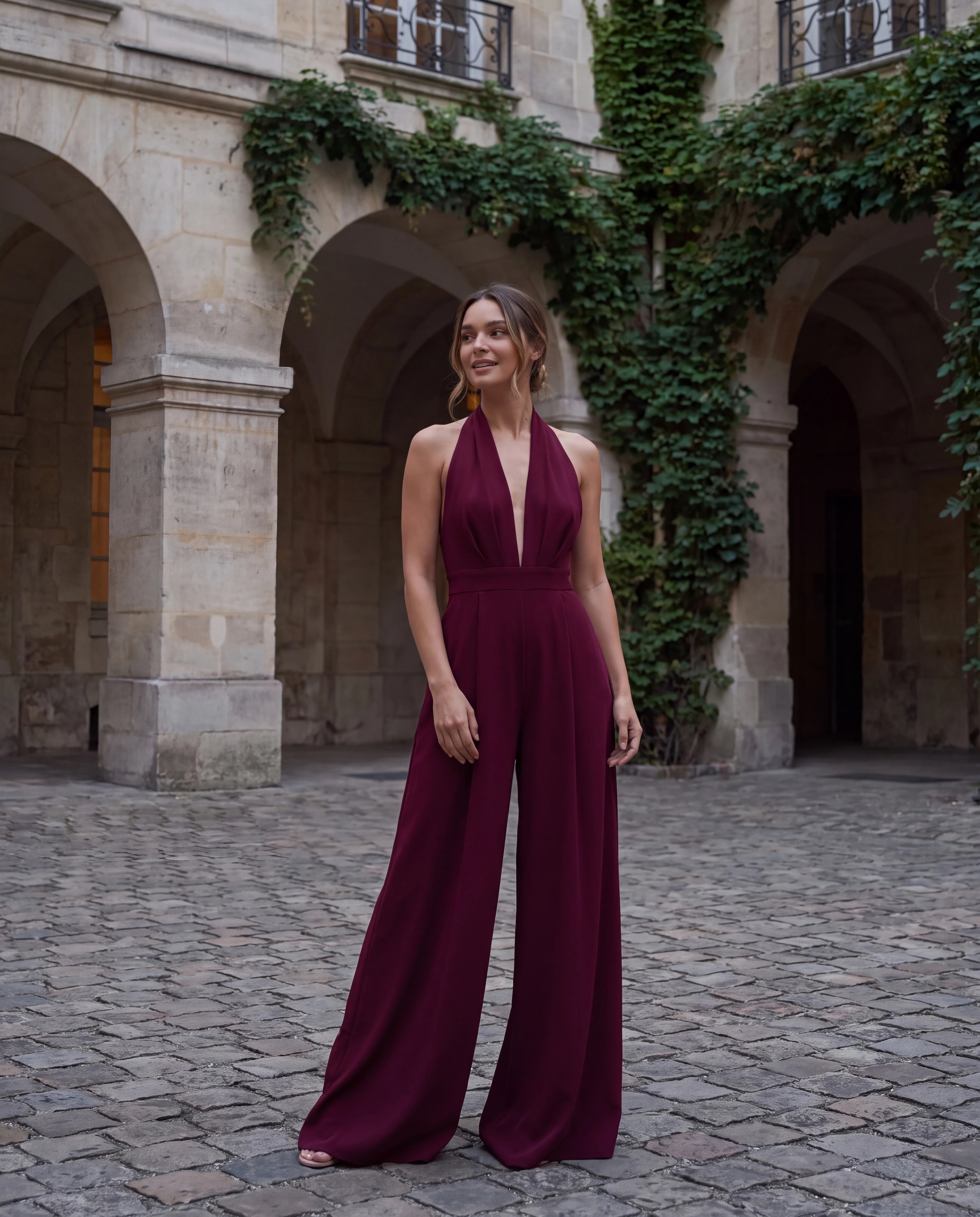 Combinaison femme Zolena — combinaison bordeaux dos nu dans une cour en pierre