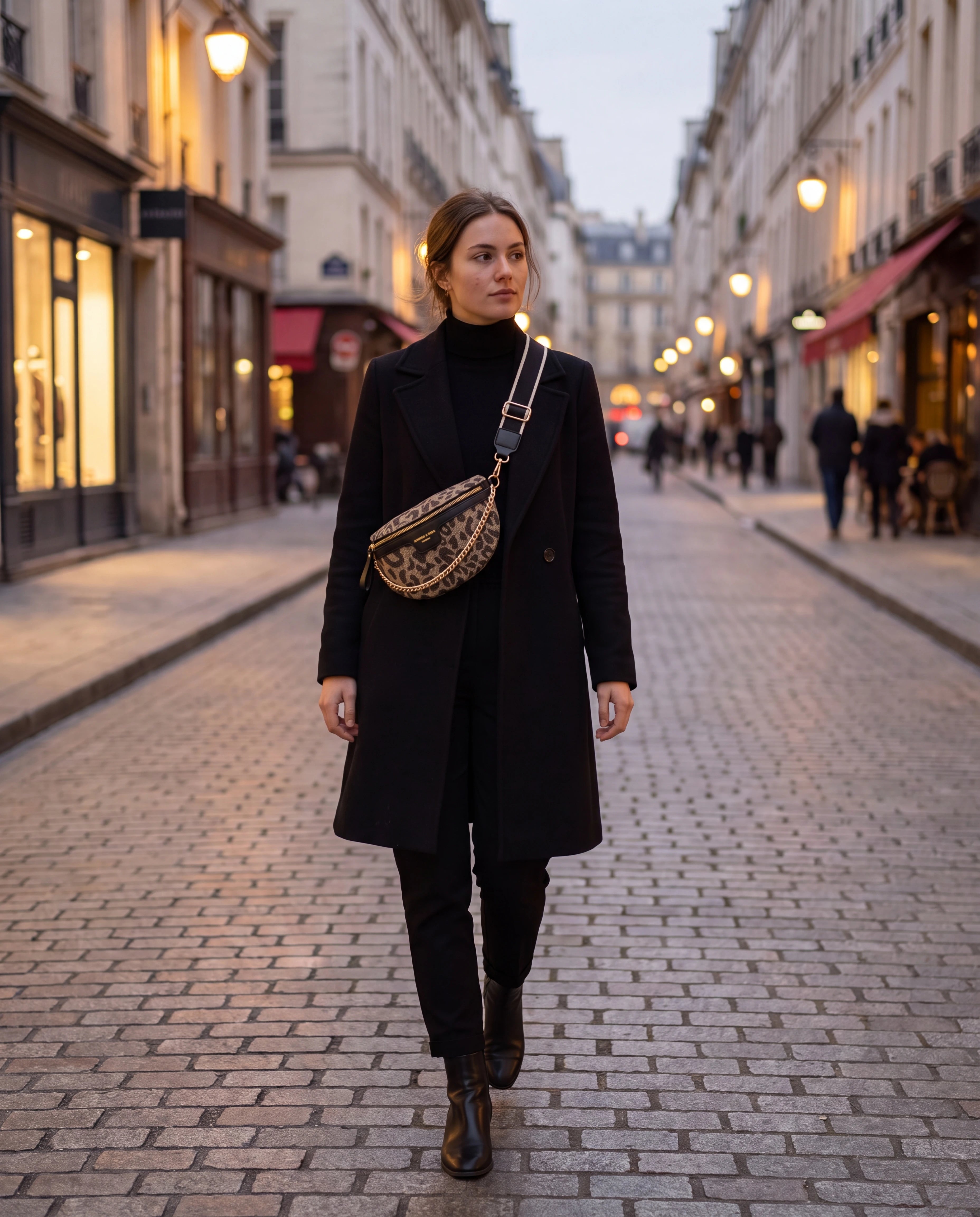 Sac banane femme Zolena — sac banane léopard porté en bandoulière le soir