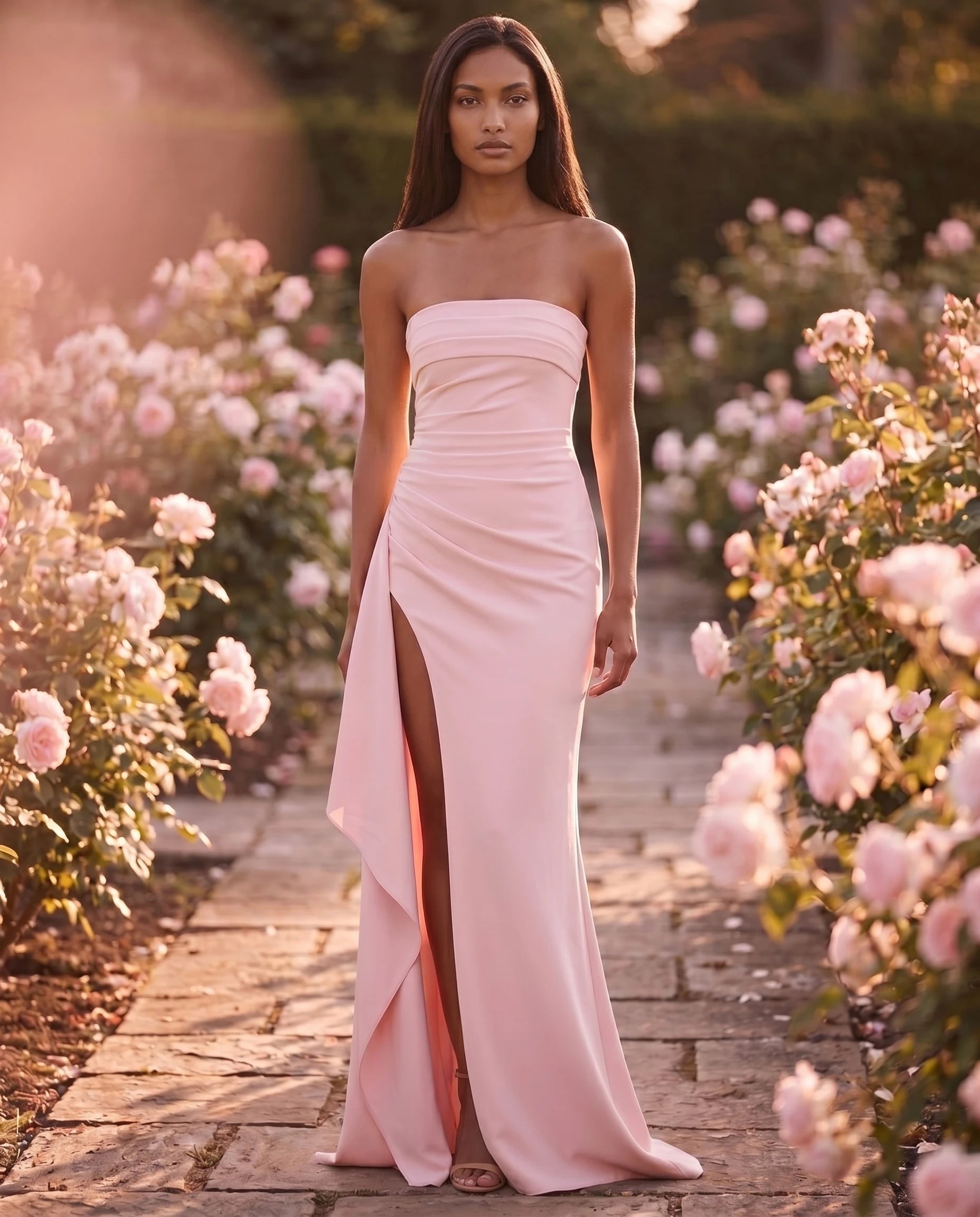 Robe longue bustier rose poudre