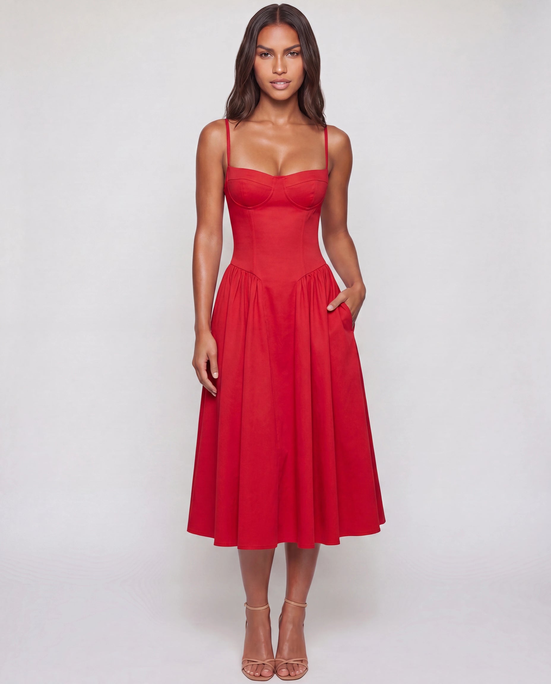Robe midi col cœur à poches rouge Adèle