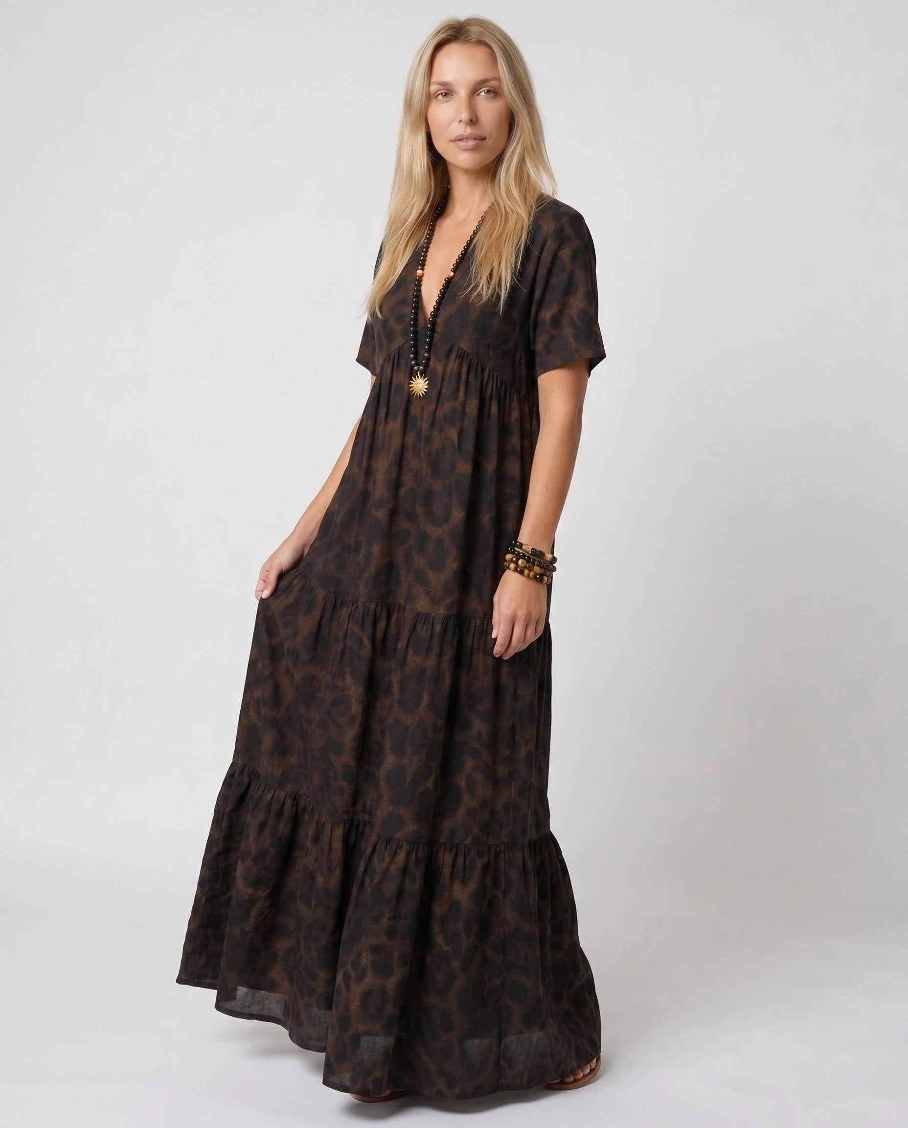 Robe longue à imprimé léopard café — Anouk — Zolena