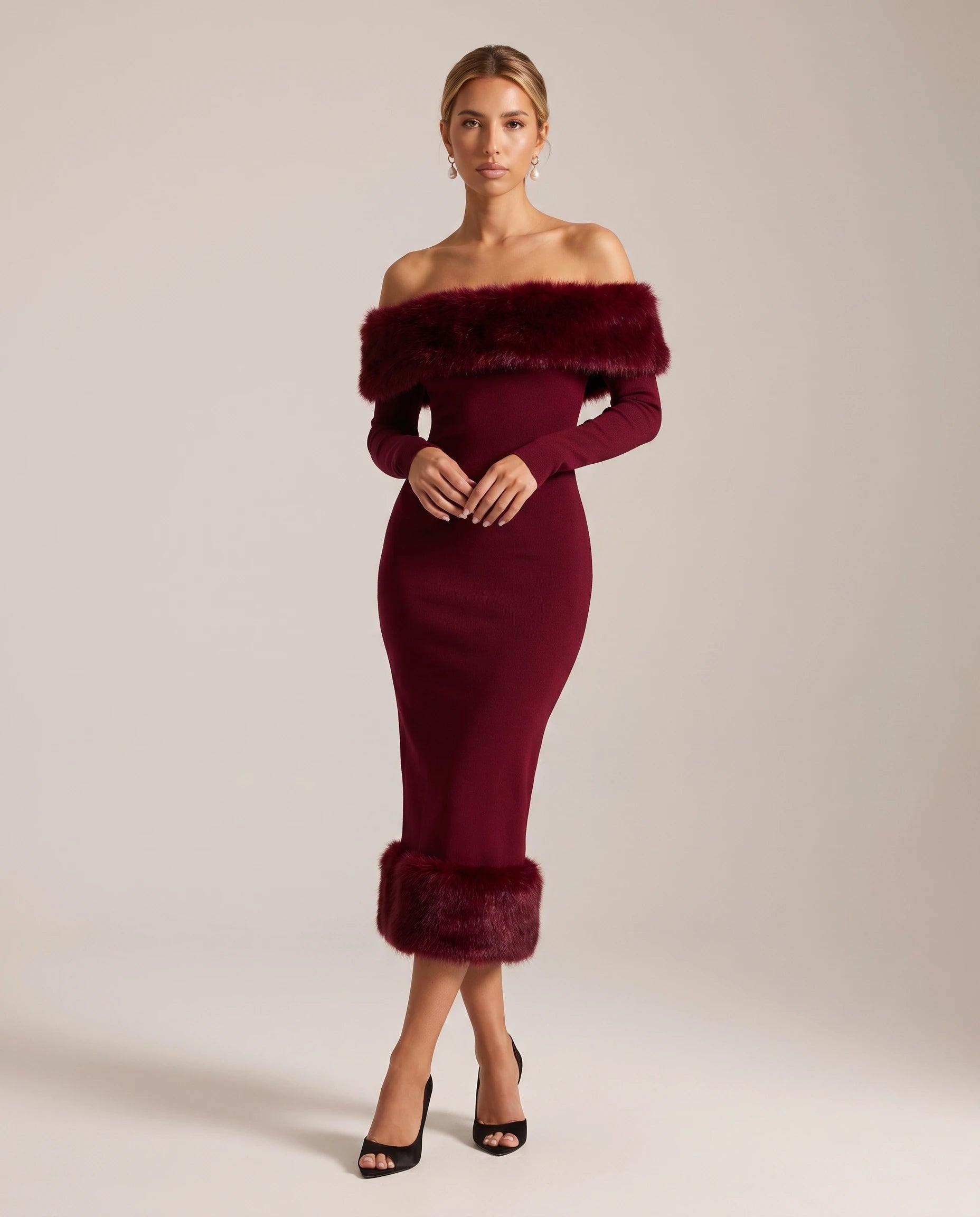 Aurore - Robe midi bardot à bordure fausse fourrure — Aurore