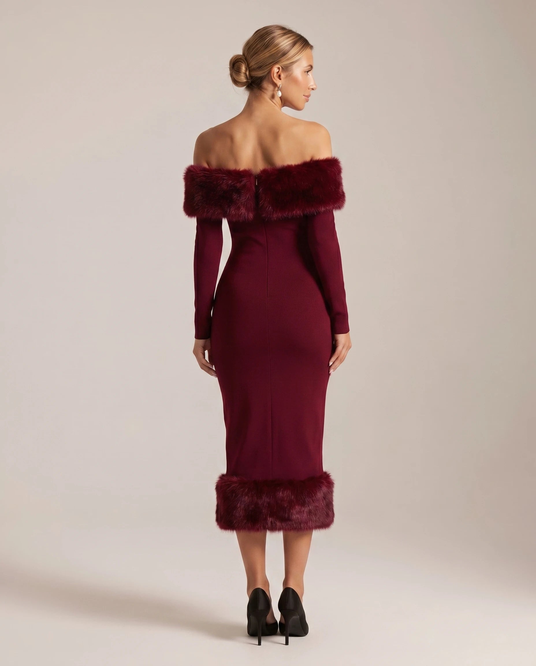 Aurore - Robe midi bardot a bordure fausse fourrure