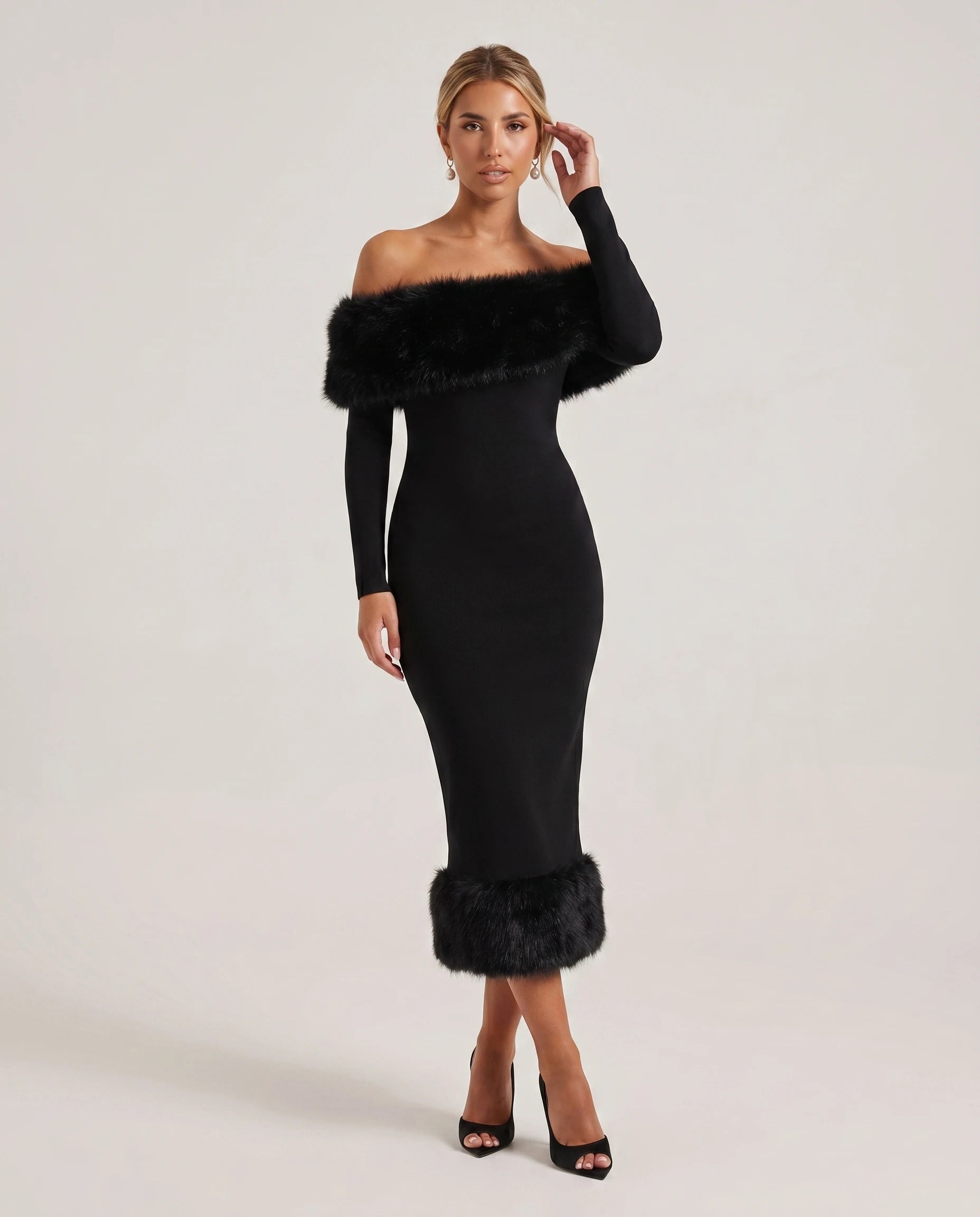 Aurore - Robe midi bardot à bordure fausse fourrure — Aurore