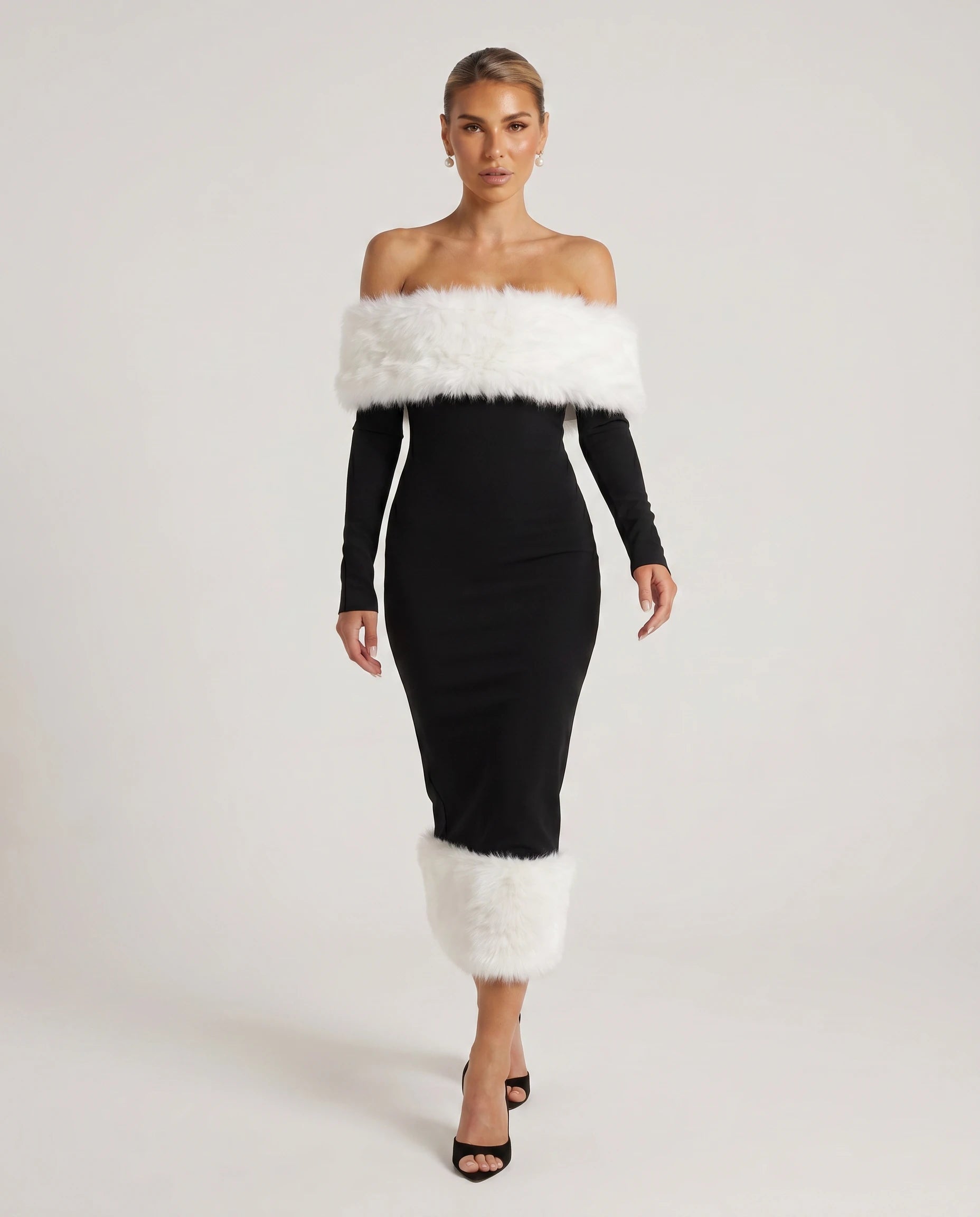 Aurore - Robe midi bardot à bordure fausse fourrure — Aurore