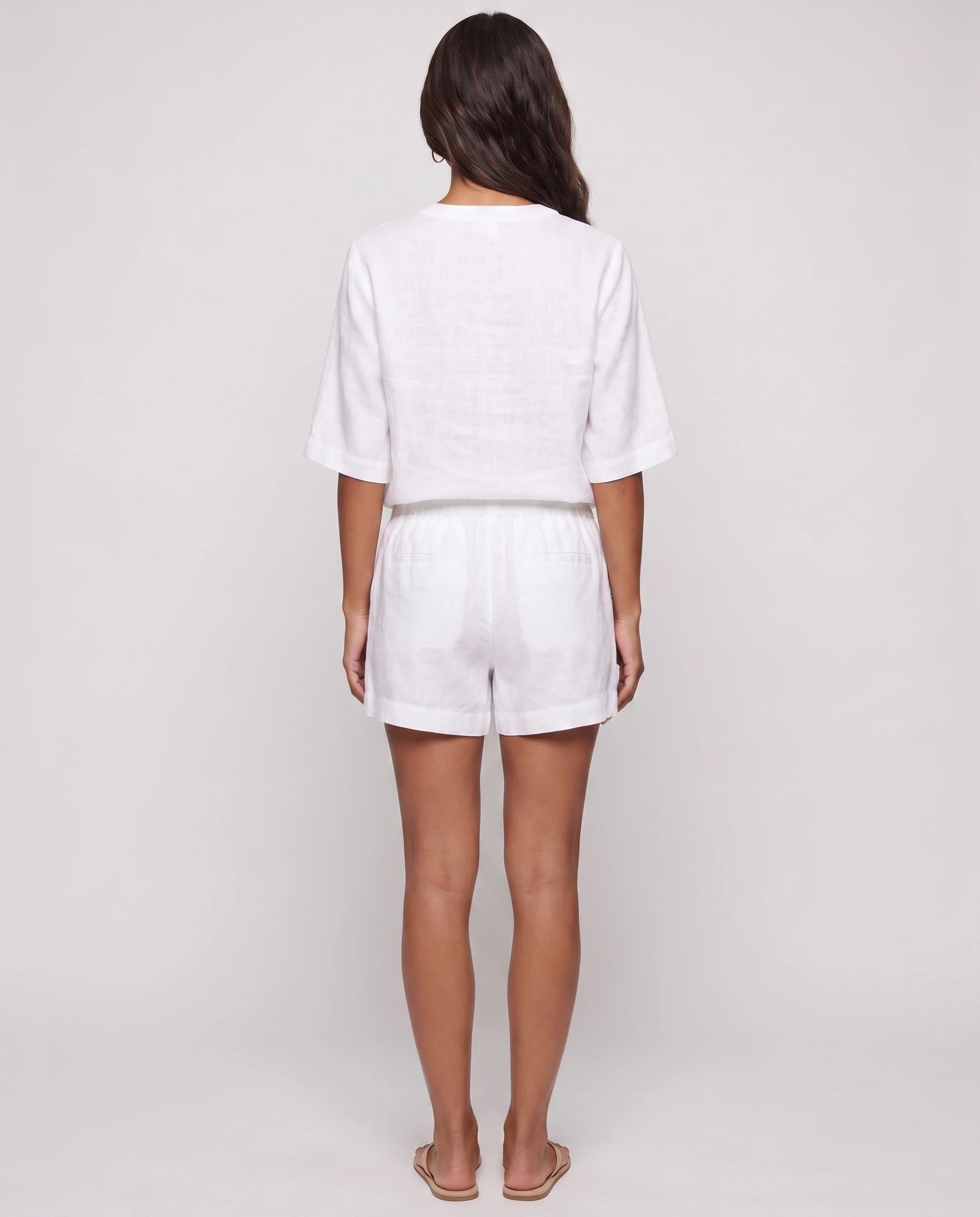 Ensemble top col V et short effet lin Aveline — Blanc — vue dos studio
