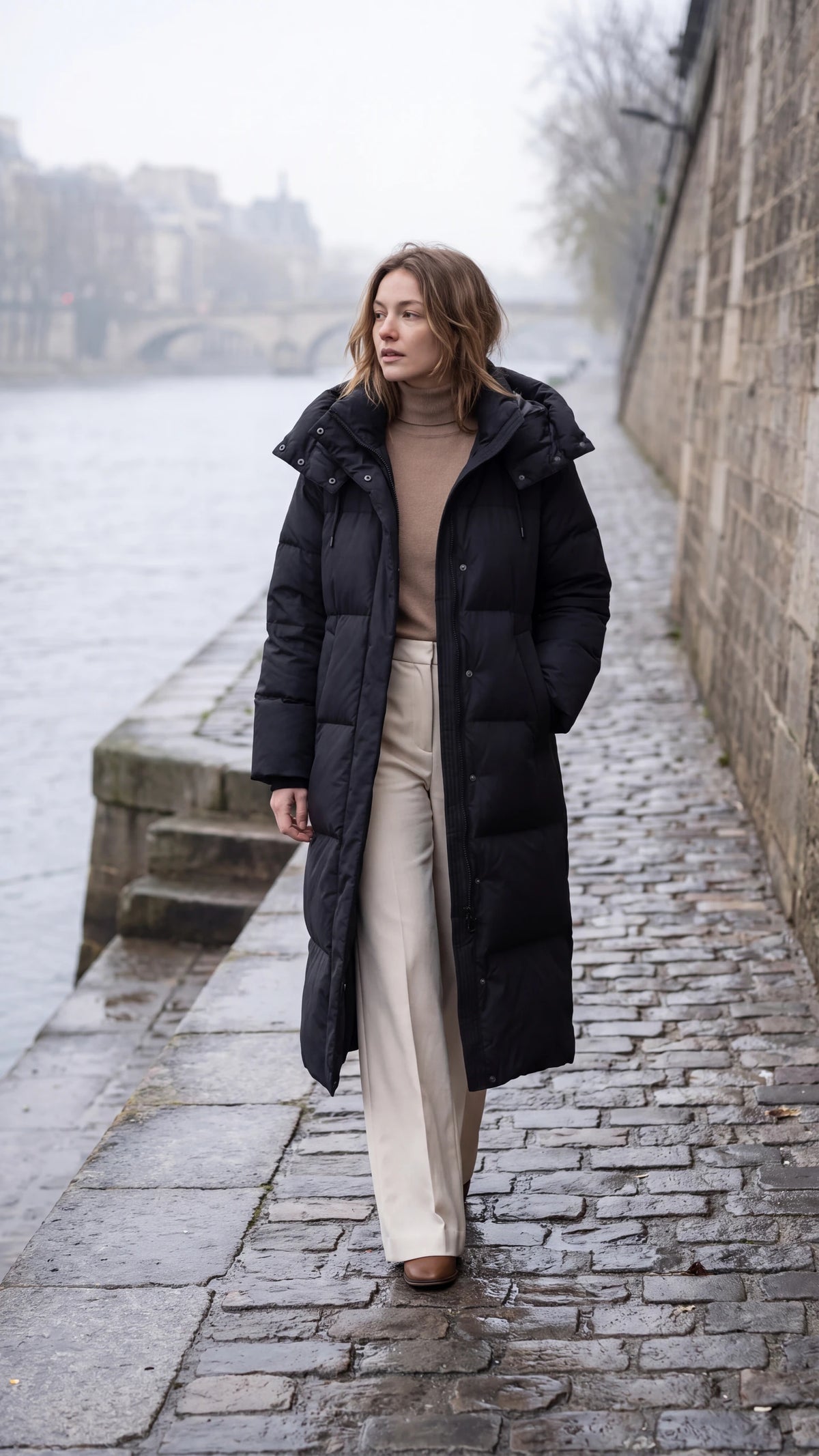 Doudoune femme Zolena — doudoune maxi oversize noire à capuche sur un quai de Seine en hiver