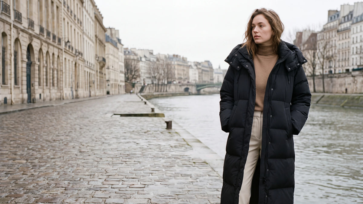Doudoune femme Zolena — doudoune maxi oversize noire à capuche sur un quai de Seine en hiver