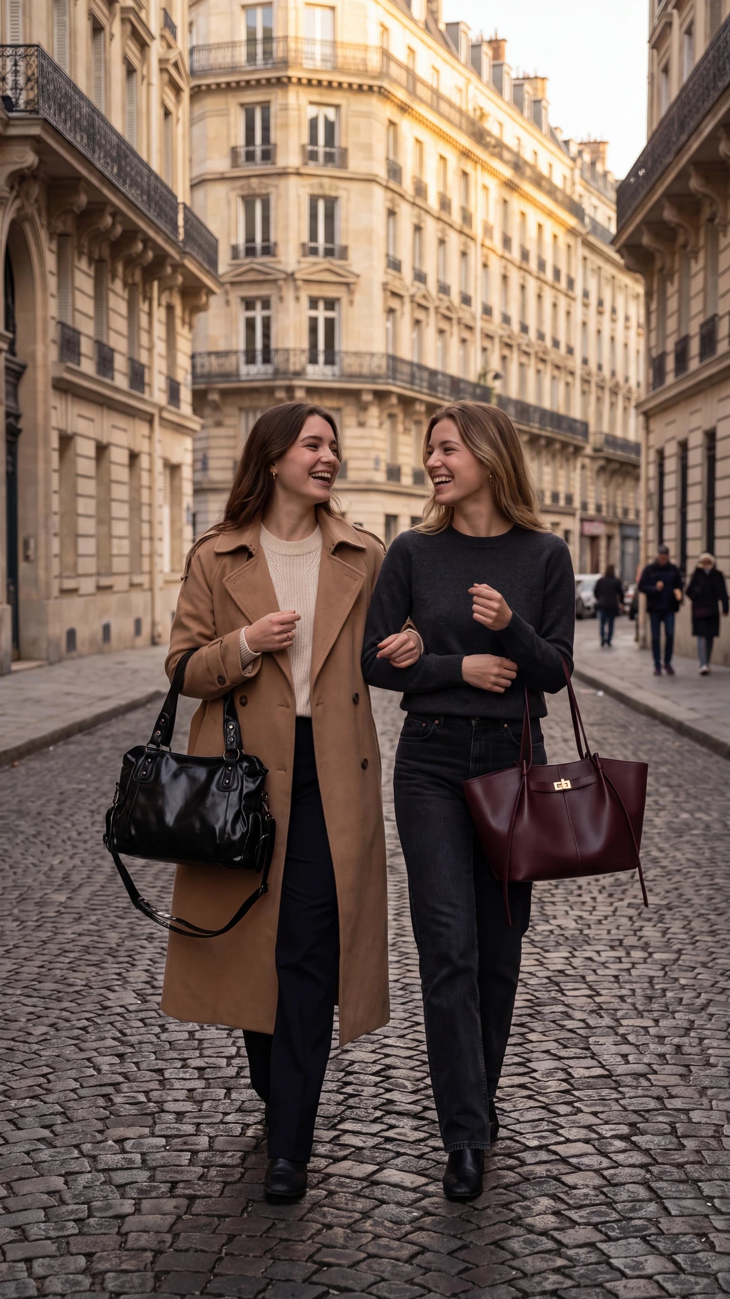Sacs à main de cours Zolena — deux modèles complices dans une rue parisienne, l'une avec le grand sac de cours souple noir Louise, l'autre avec le cabas de cours bordeaux Amandine