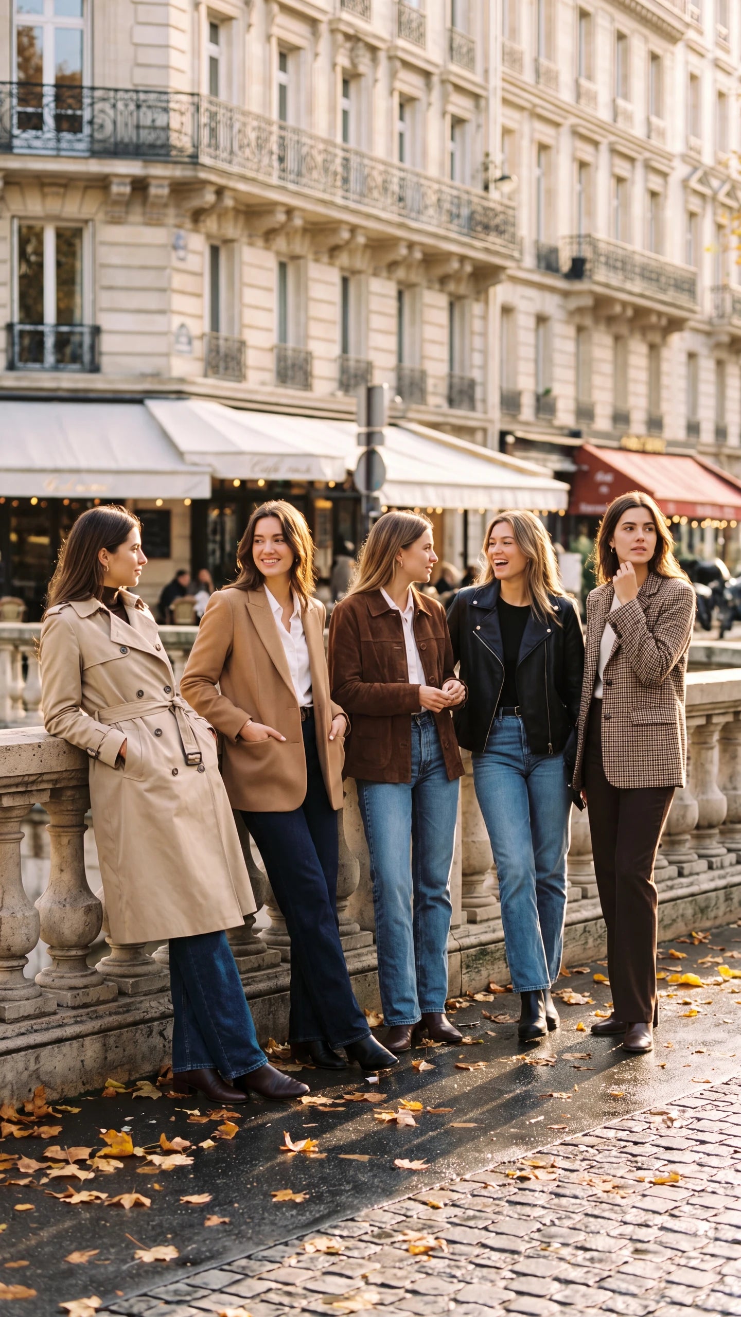 Bannière vestes femme Zolena, cinq femmes en veste sur un boulevard parisien en automne