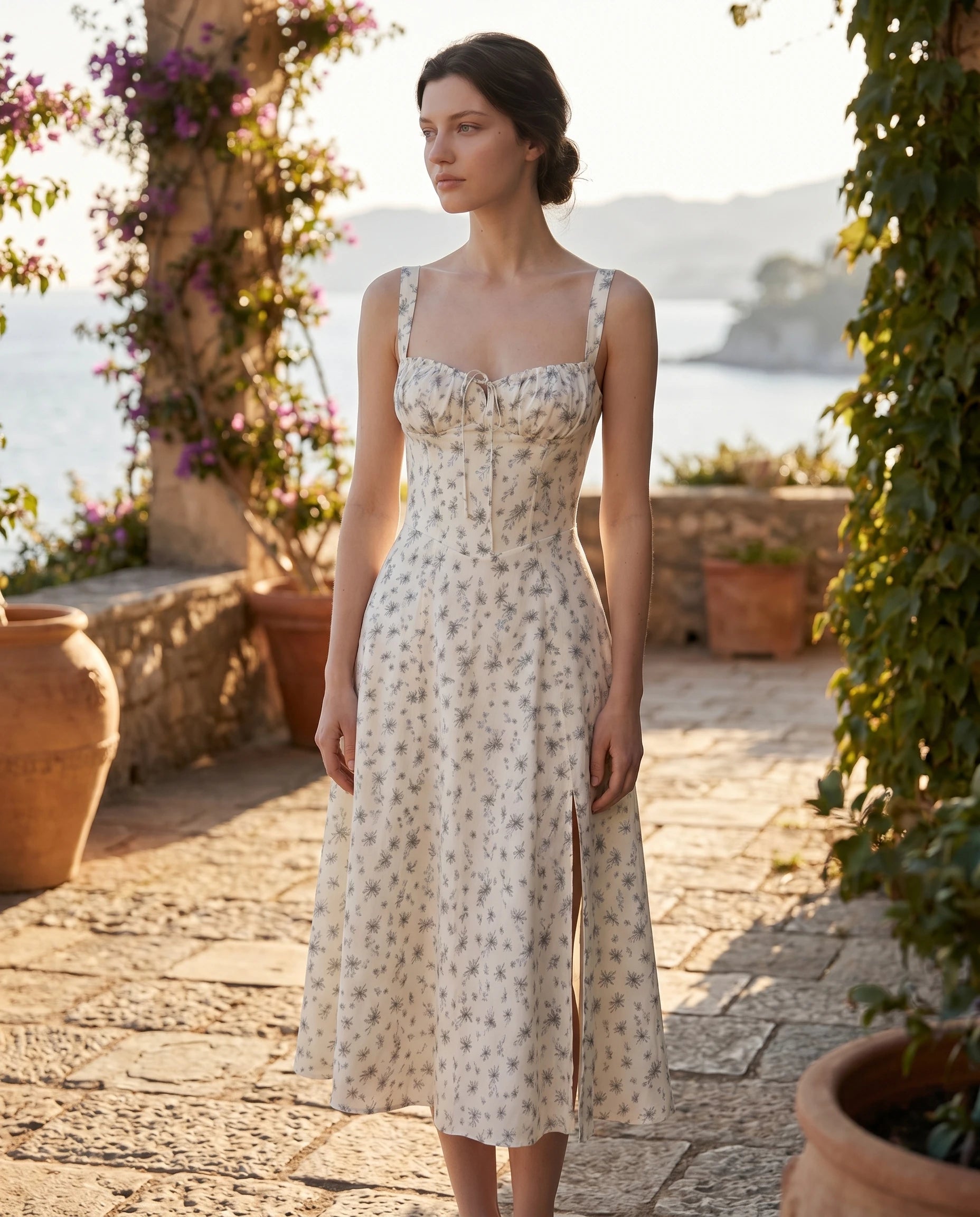 Robe midi fleurie Rosalie coloris Bleuet sur une terrasse — Zolena