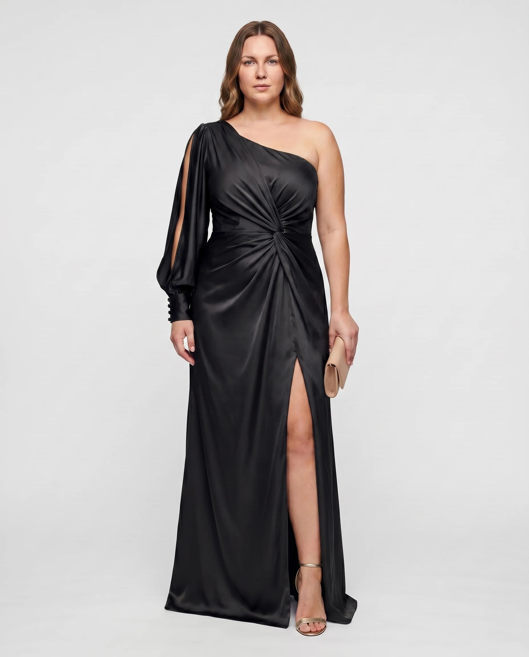 Robe longue asymetrique satin Noir Beatrice studio