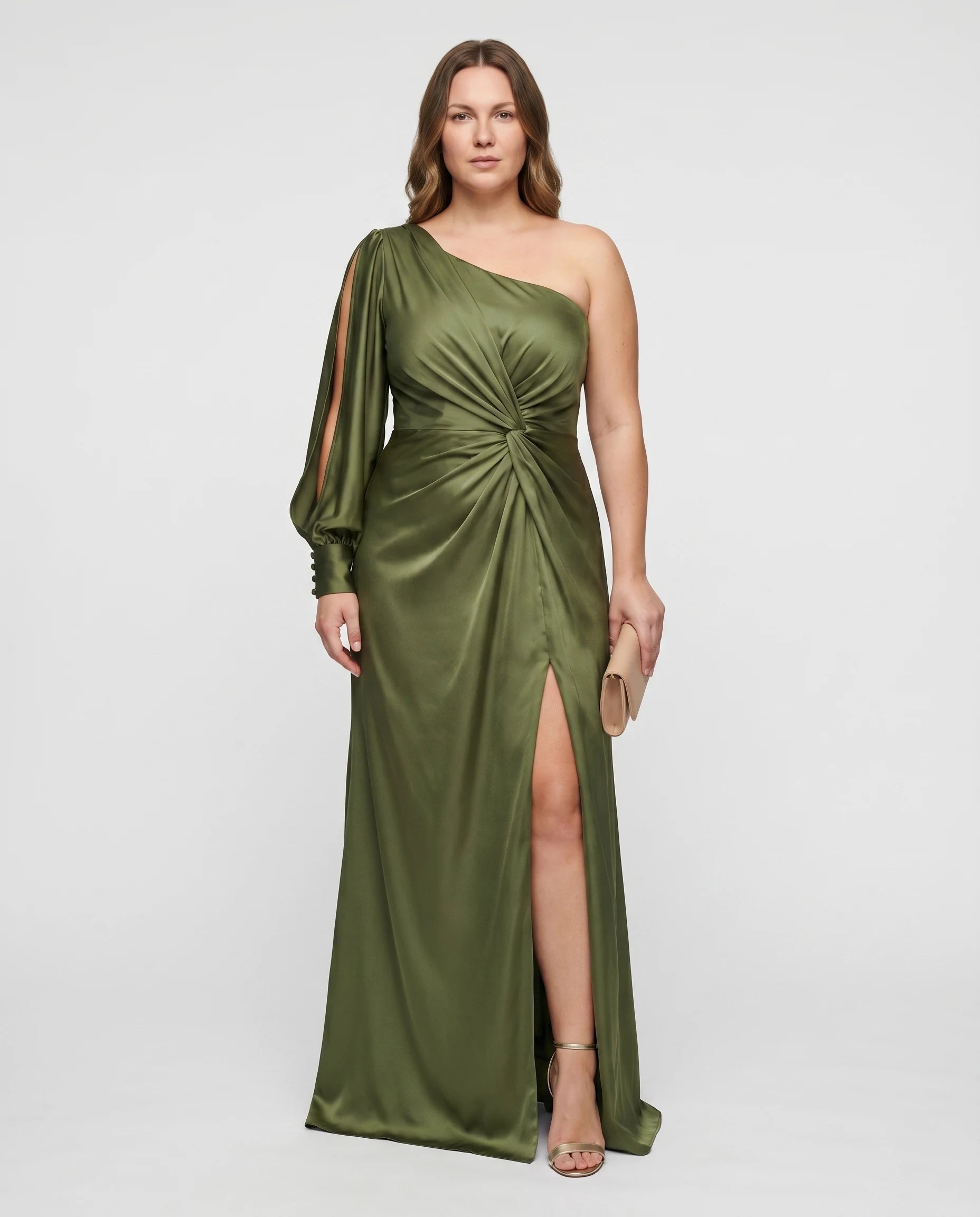 Robe longue asymetrique satin Vert Olive Beatrice studio