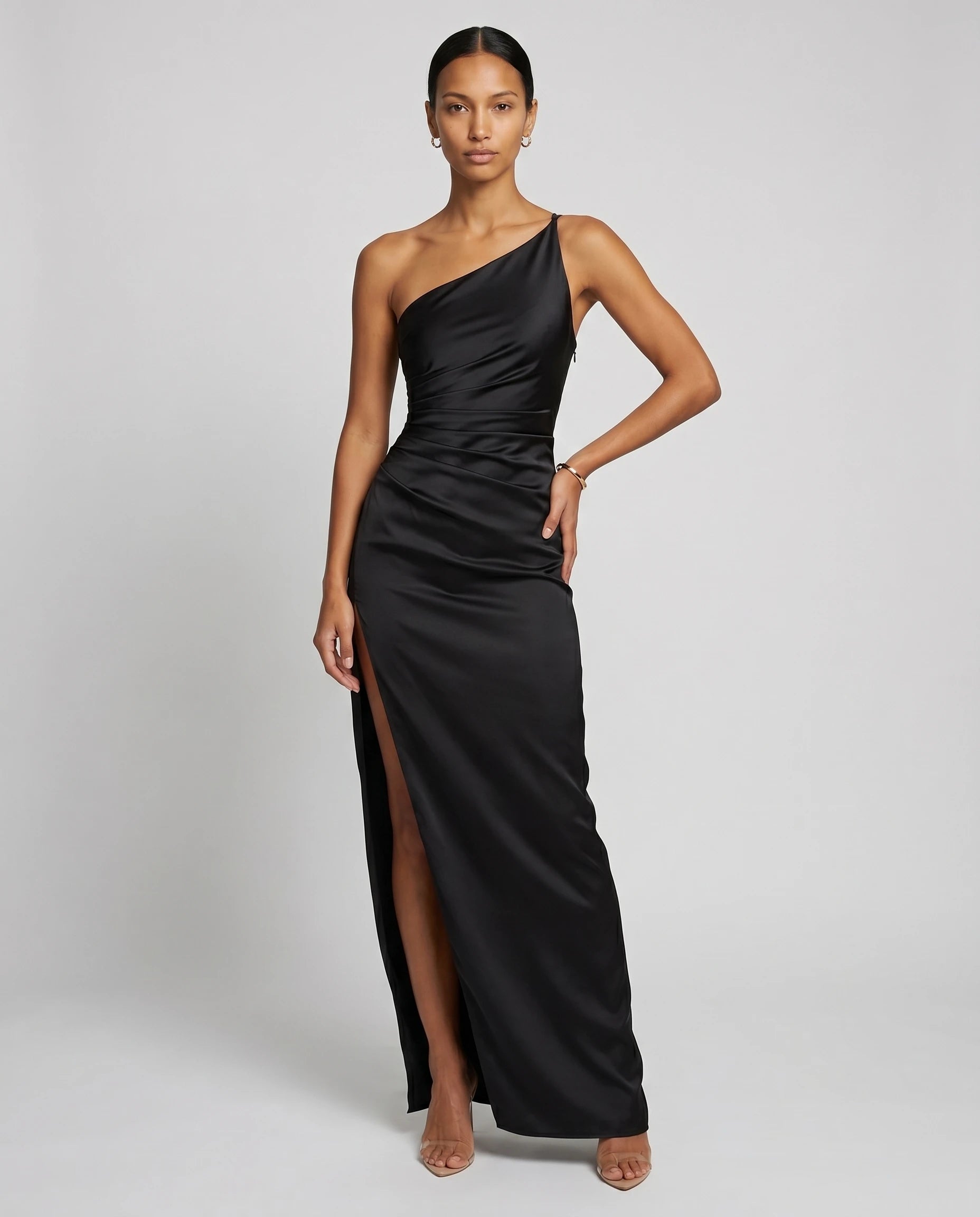 Robe longue en satin une epaule - Noir - Ines