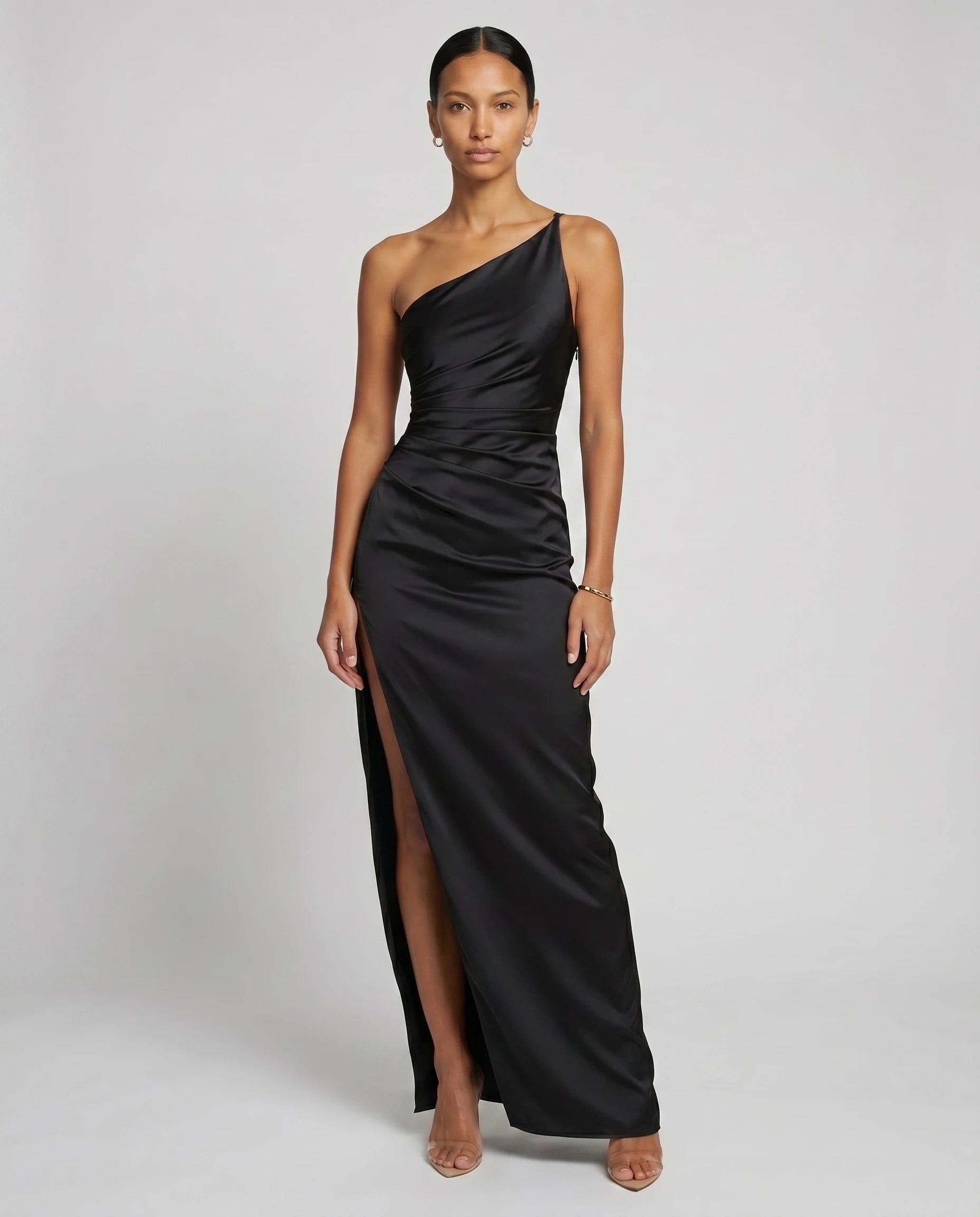 Robe longue en satin une epaule - Noir - Ines
