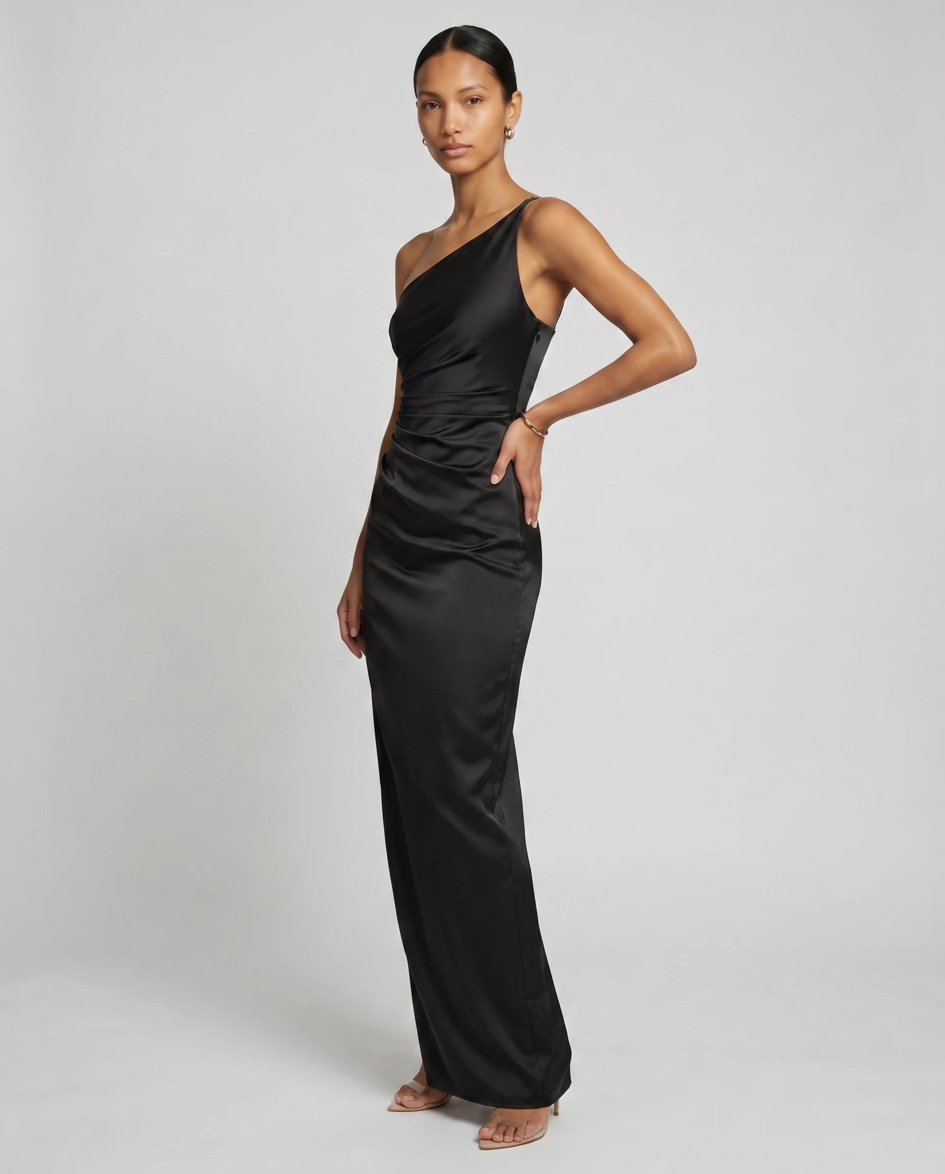 Robe longue en satin une epaule - Noir - Ines