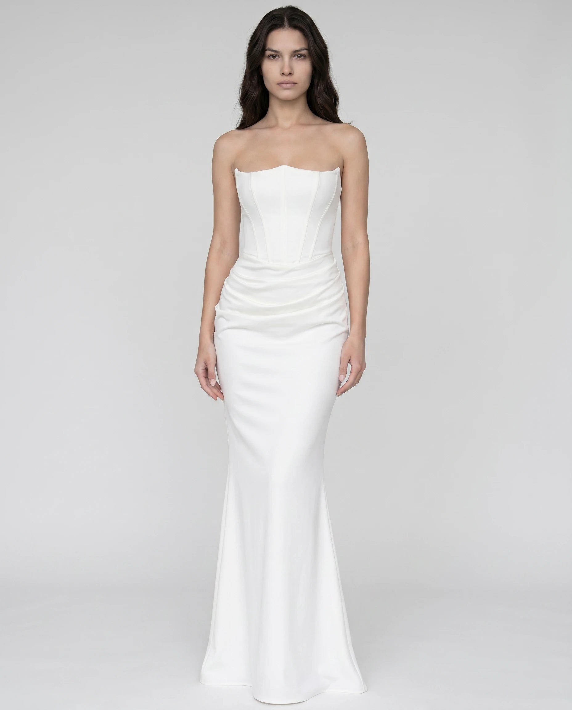 Robe longue corset drapée blanche, vue de face