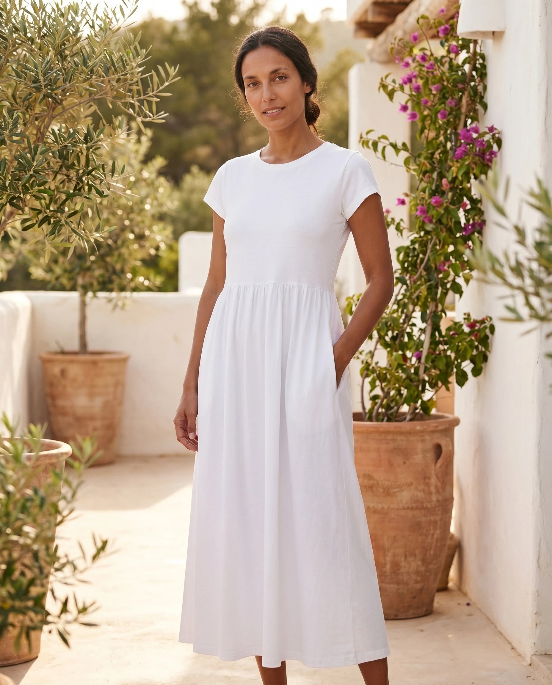 Robe longue en coton blanche en terrasse - Zolena